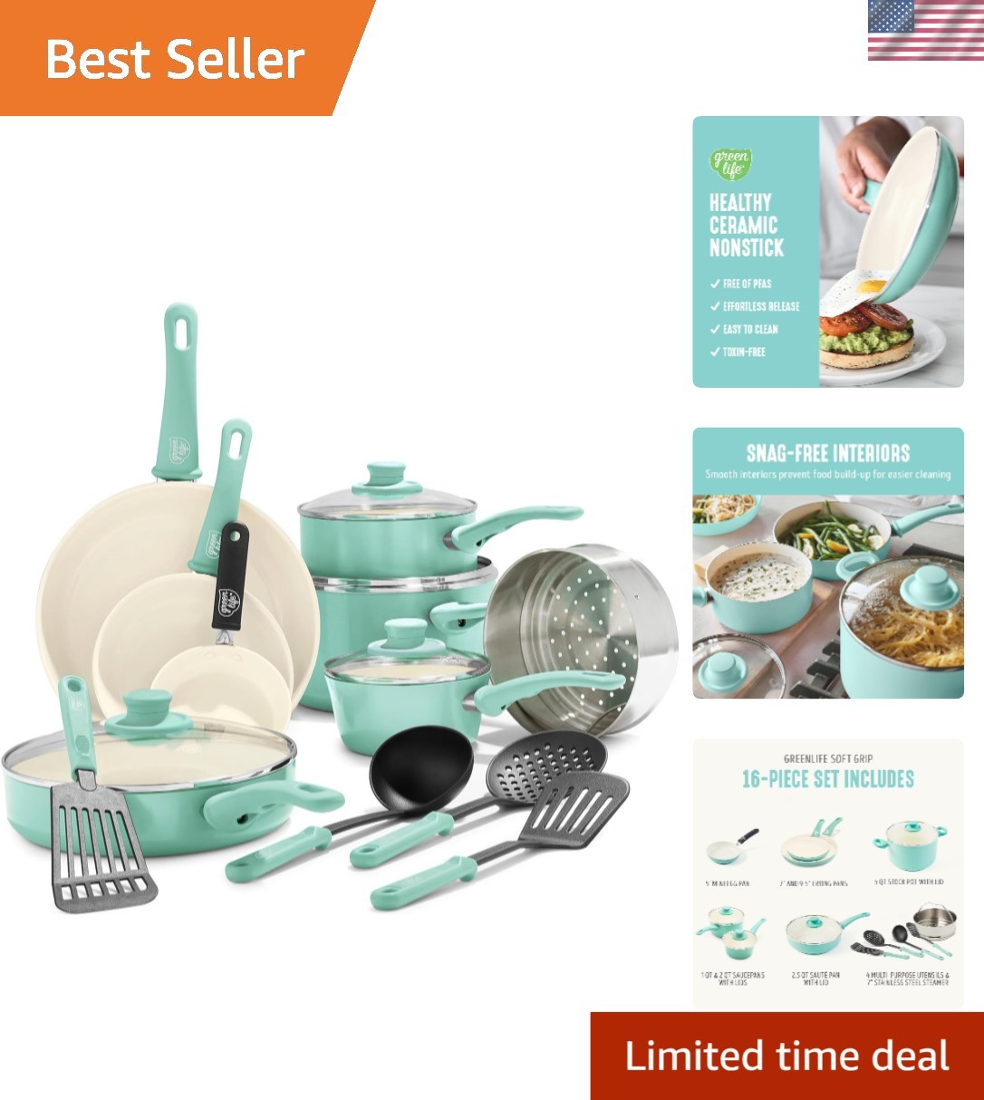 Health-Conscious 16-Piece Cookware Set: PFAS-Free Ceramic in Turquoise