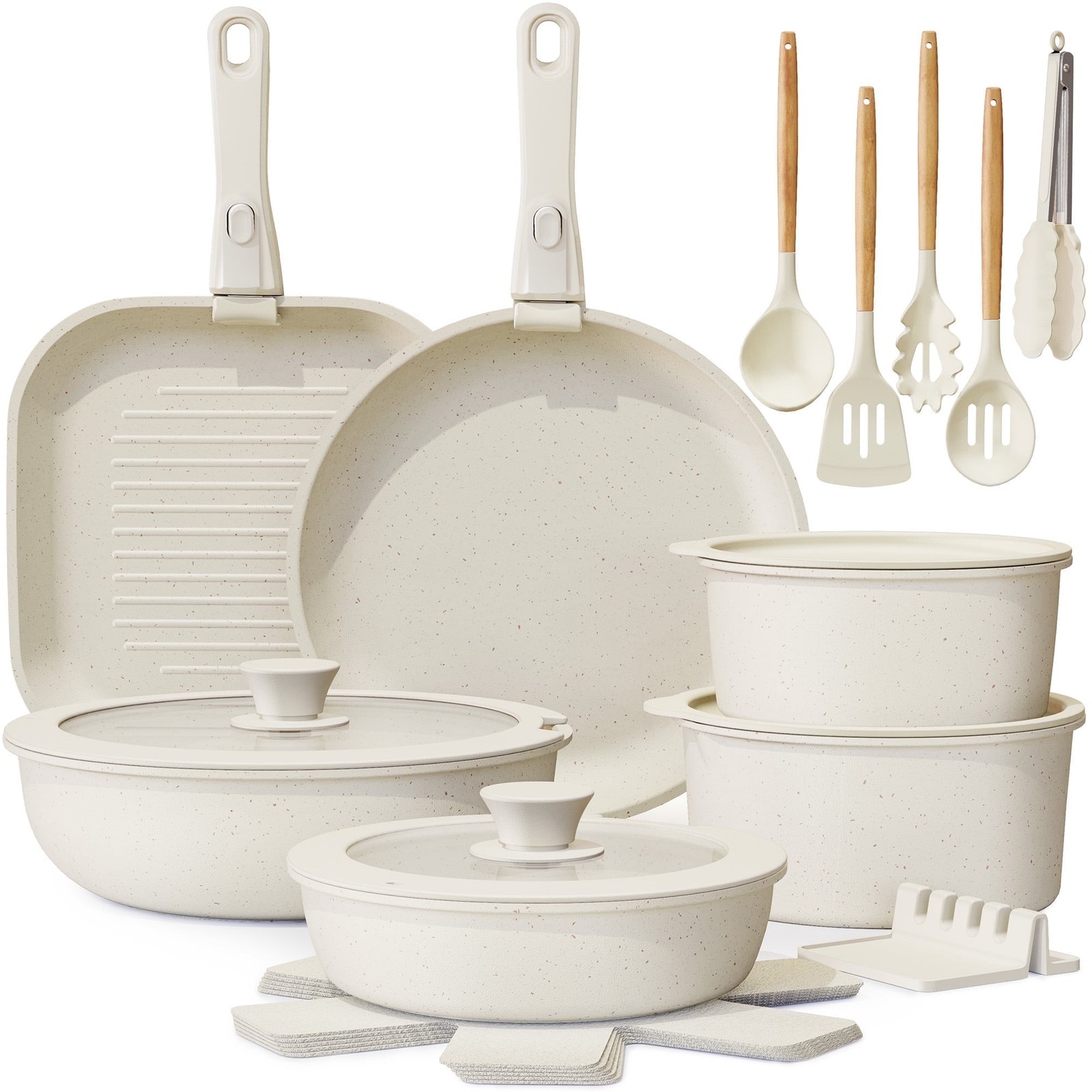 Astercook AS20222 22 Piece Ceramic Nonstick Cookware Set with Detachable Handles
