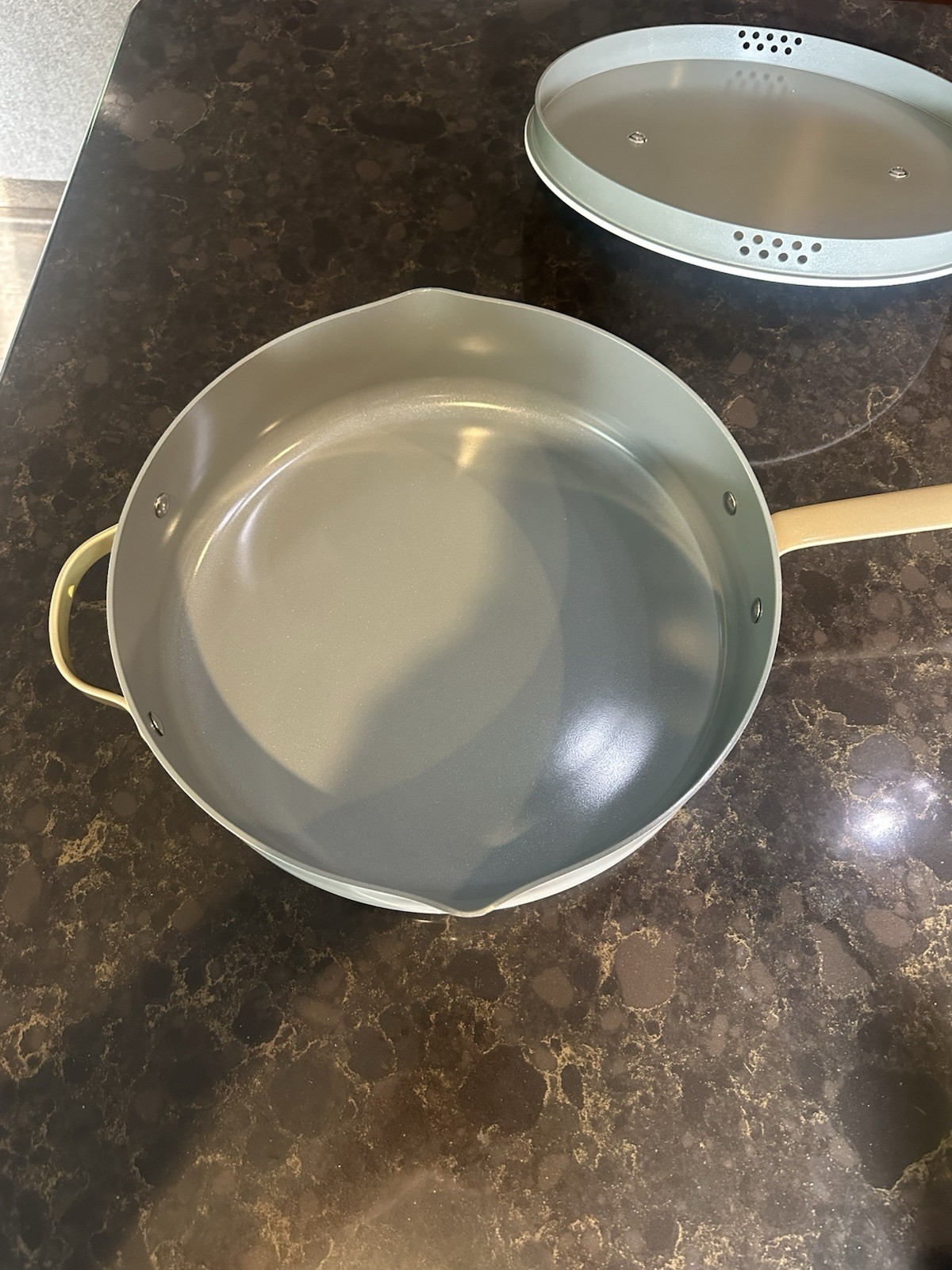 Beautiful 5.5 Quart Ceramic Non-Stick Sauté Pan with Strainer Lid, White Icing