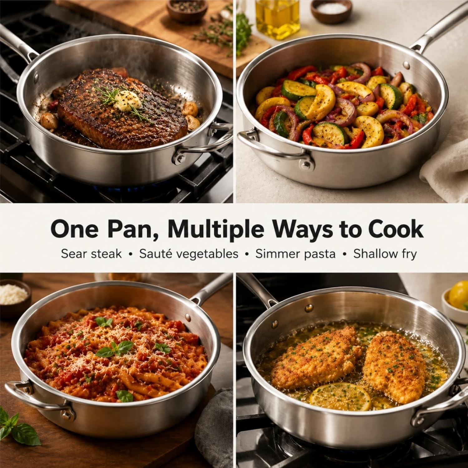 11 Inch Tri-Ply Stainless Steel Saute Pan with Glass Lid, 4.7 QT Deep Skillet