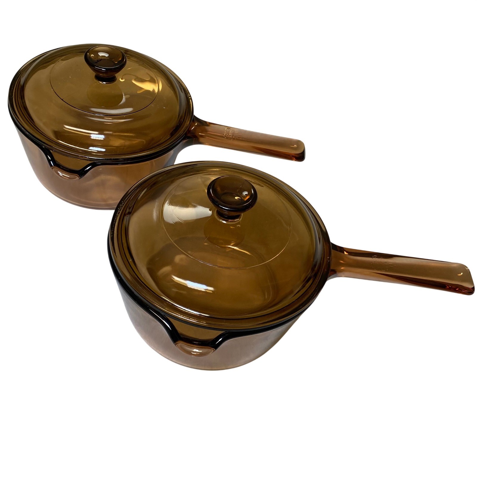 Vintage Corning Visions Amber 1L Saucepan Set of 2 w/ Lids USA Glass Cookware