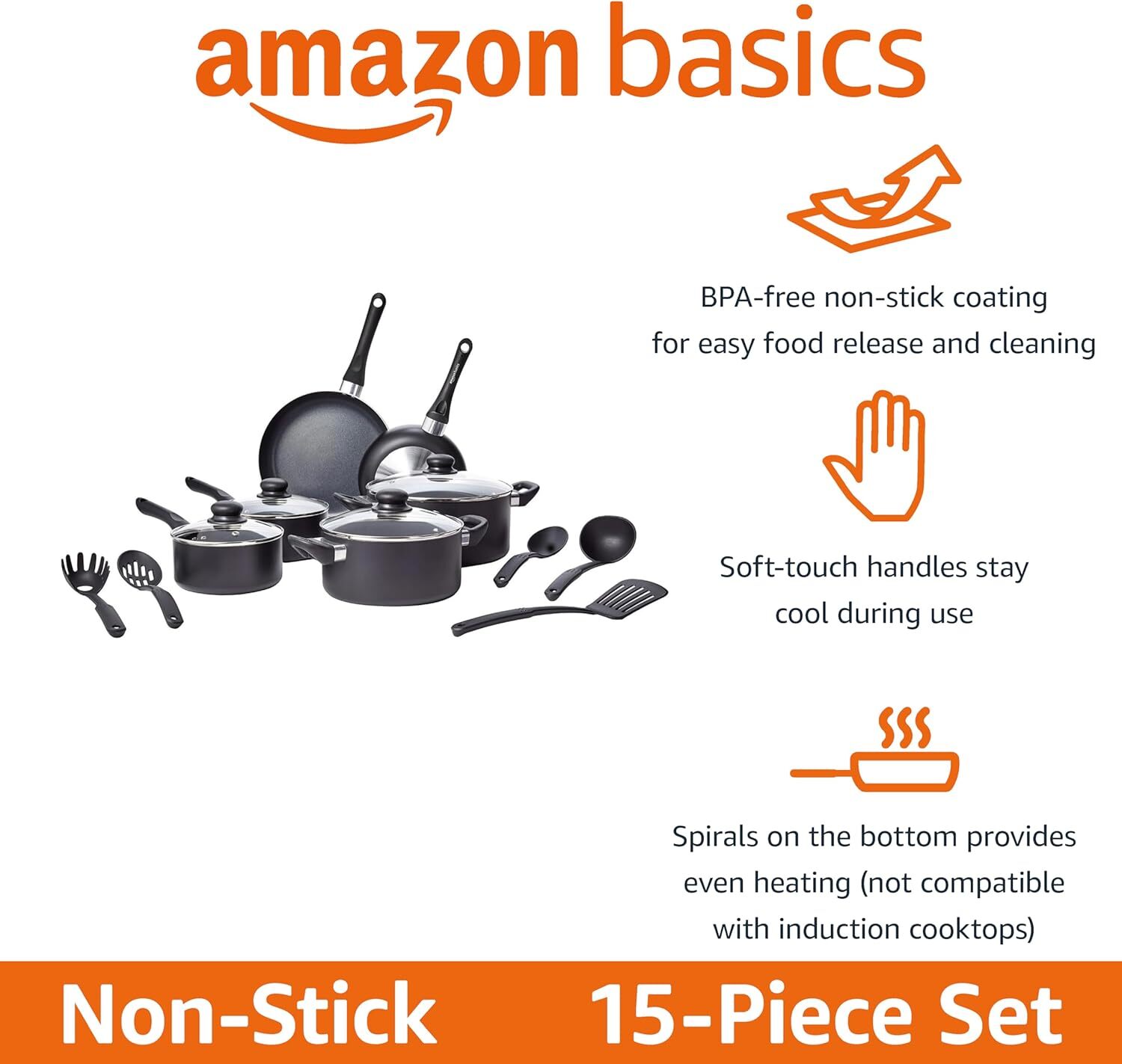 Non-Stick Cookware 15-Piece Set, Includes Pots, Pans and Cookware, Black