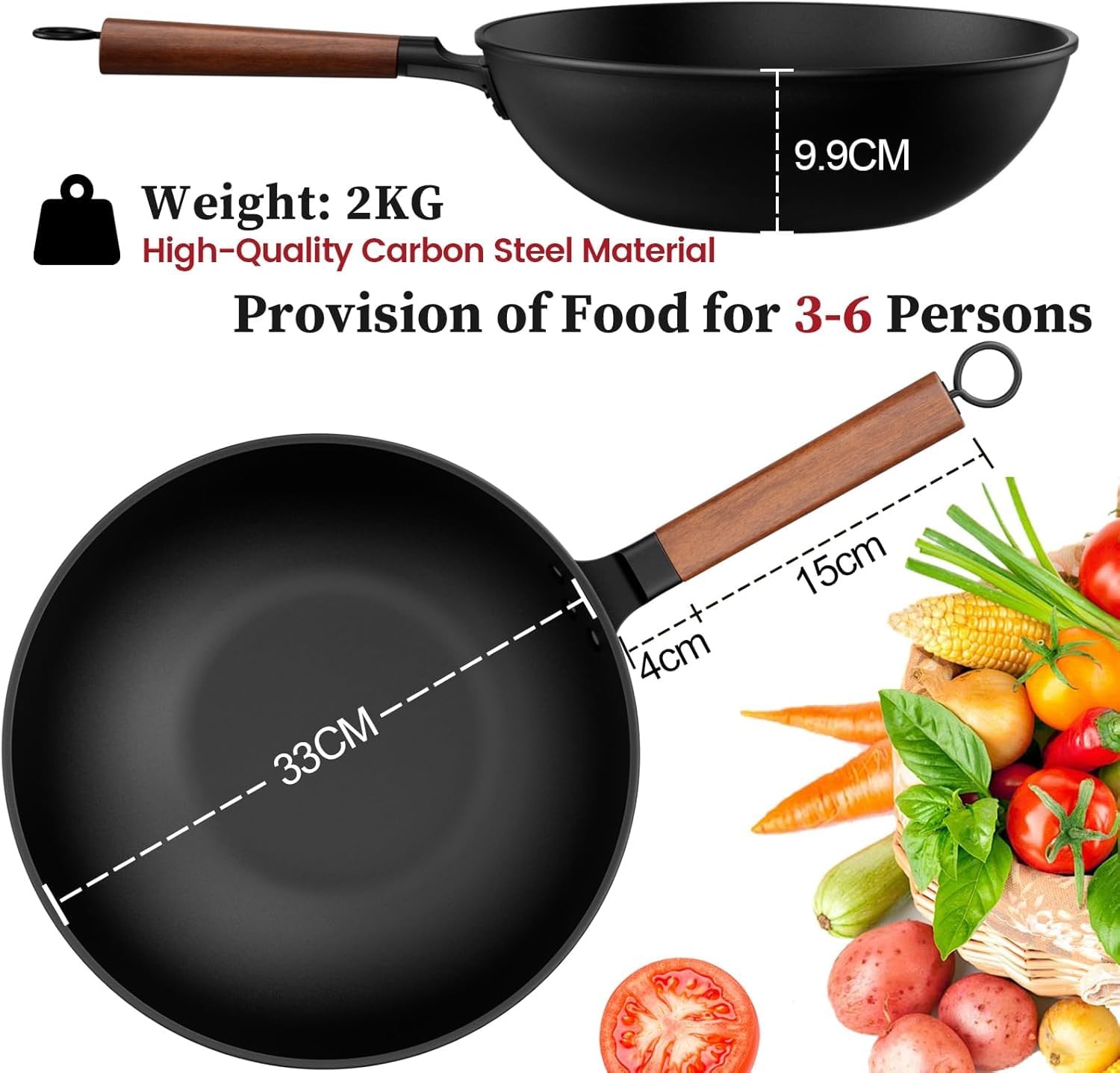 13Inch Carbon Steel Wok Lid Spatula PreSeasoned NonStick Flat Bottom Pan