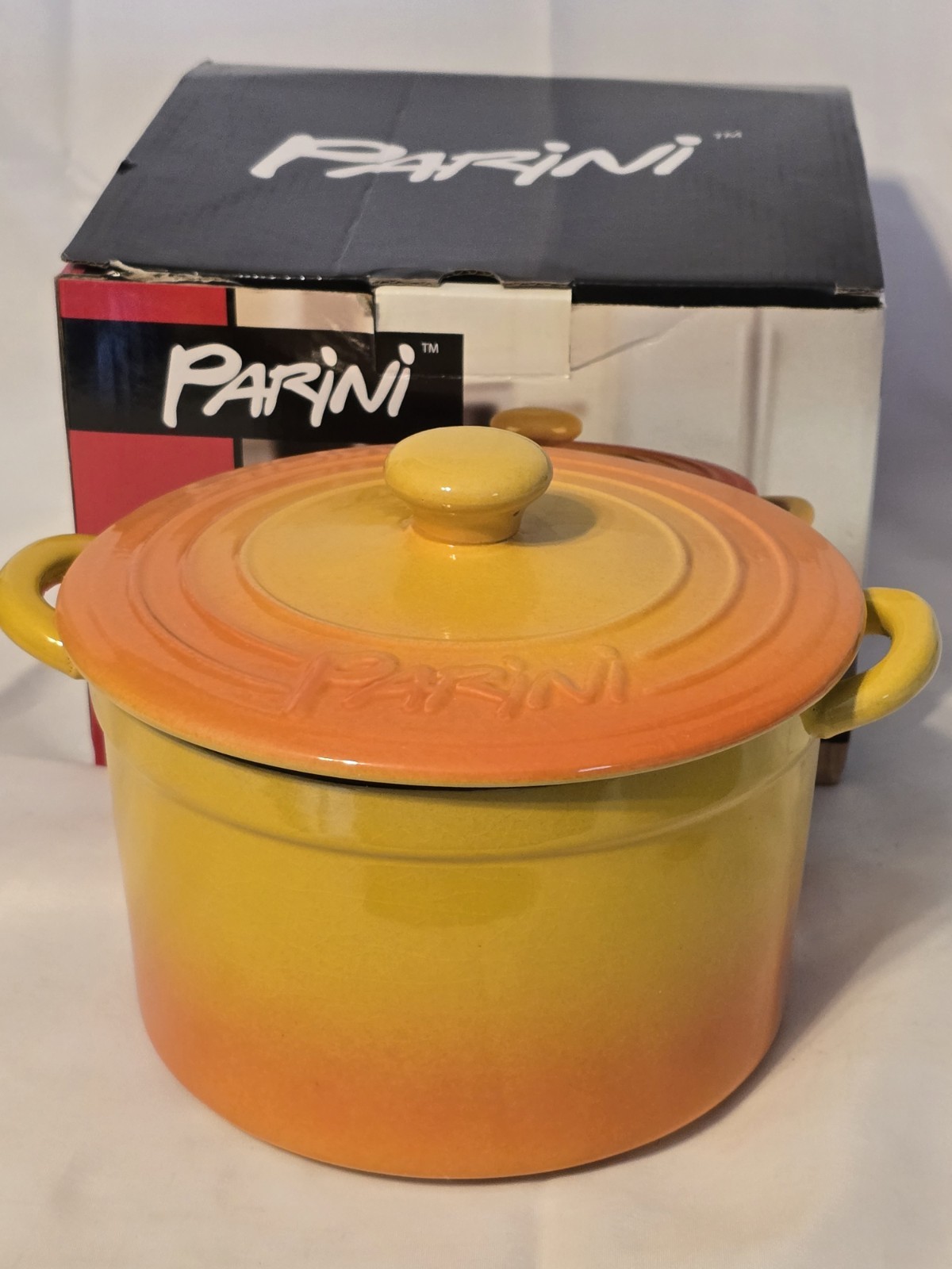 STONEWARE/PARINI 2QT Casserole Dish-yellow & Orange Cookware W/Lid NIB