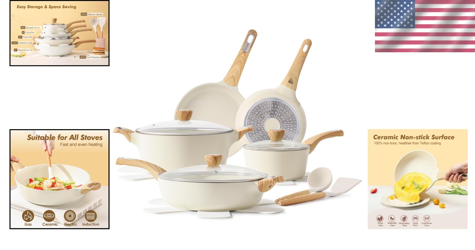 Ceramic Cookware Sets, 14 Piece, Non toxic Healthy, PFAS PTFE PFOA PFOS Free
