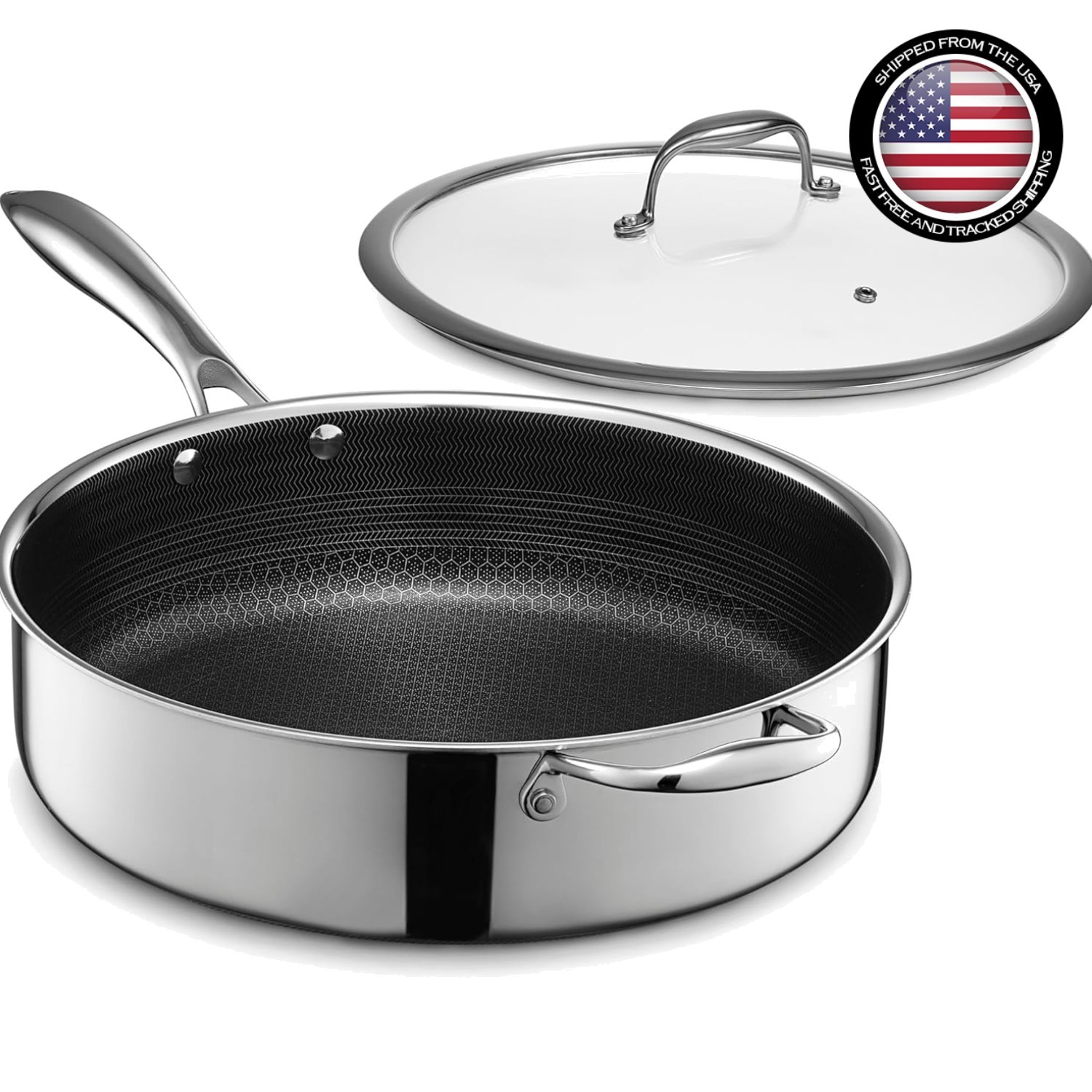 Durable 5.5 Quart Nonstick Deep Sauté Frying Pan with Lid – Tri-Ply Construction