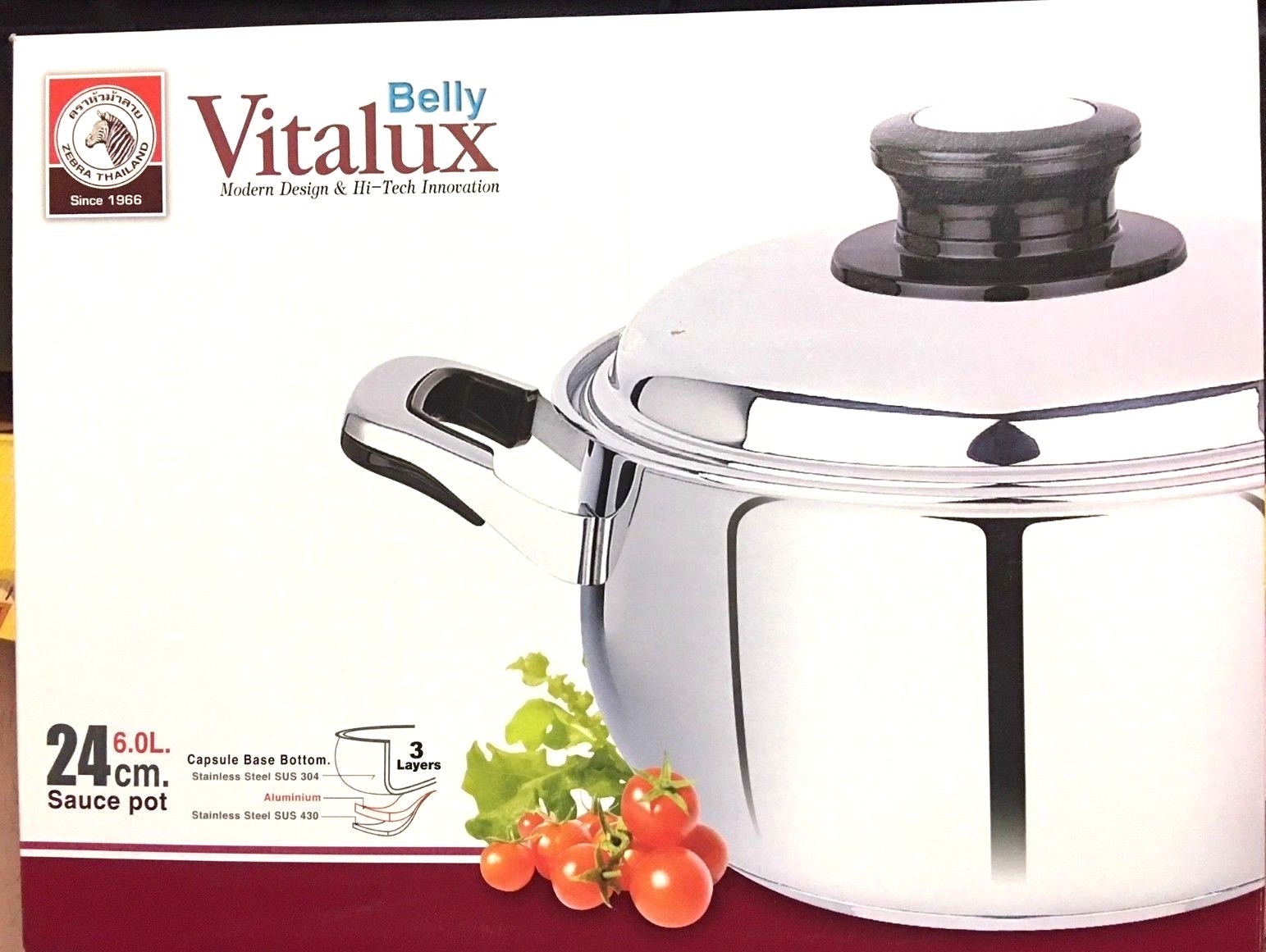 Zebra Belly Vitalux Stainless Steel Sauce Pot w/Lid 3 Layered Bottom 22 / 24 cm