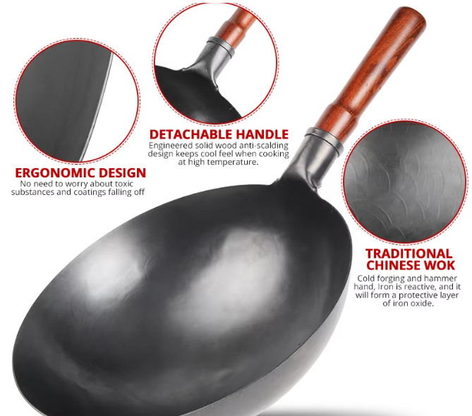 Hand Hammered Wok,traditional Iron Wok No Coating Wooden Handle