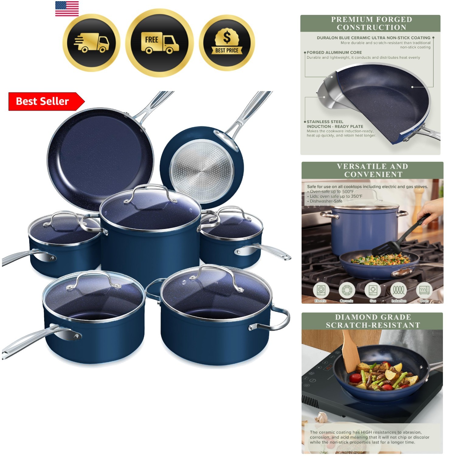 Healthy Duralon Blue Ceramic Nonstick 12pc Cookware Set,Diamond Infused Scrat…