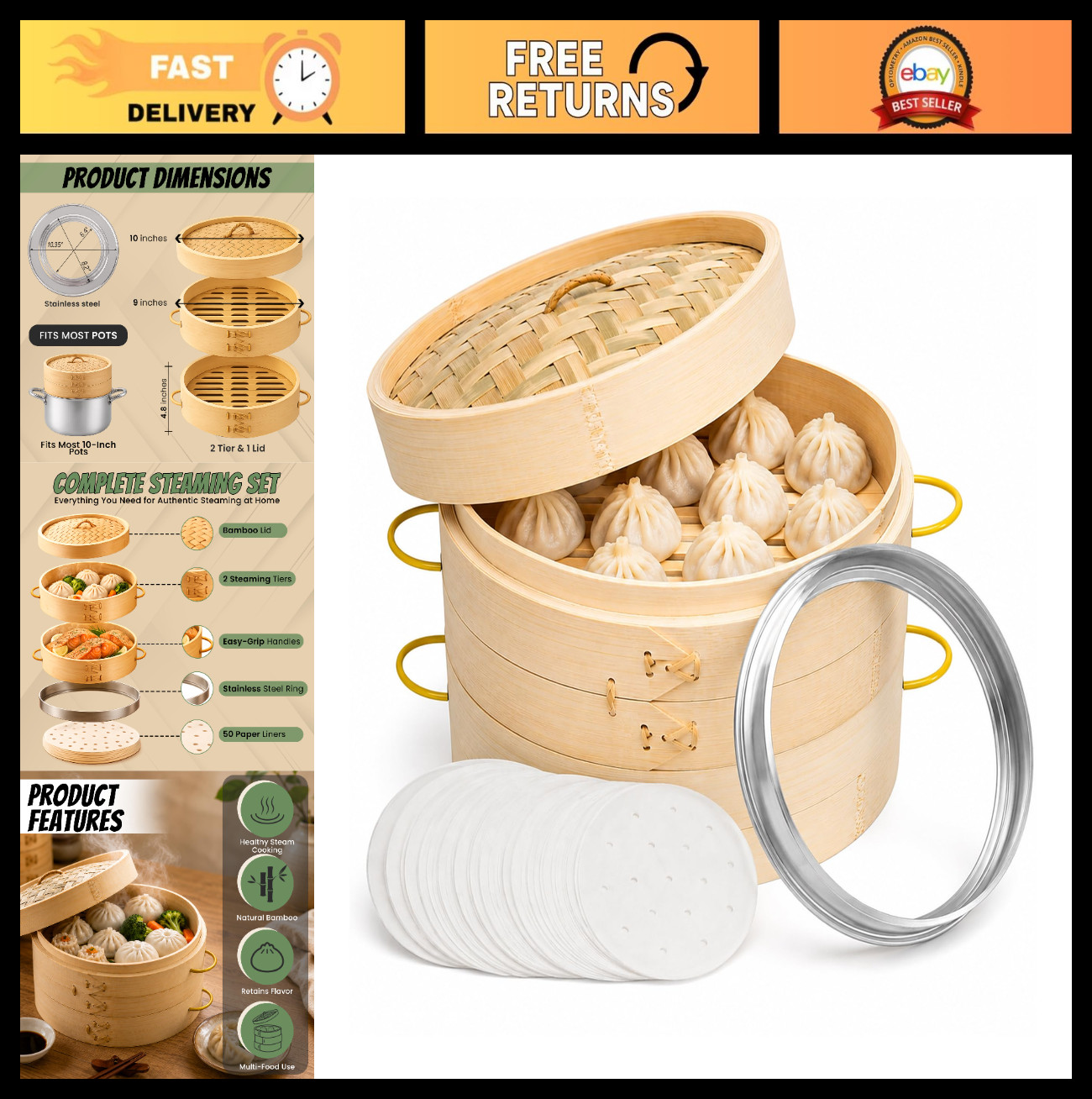 10″ 2-Tier Bamboo Steamer Basket for Dumplings, Dim Sum & Asian Cuisine, Silicon