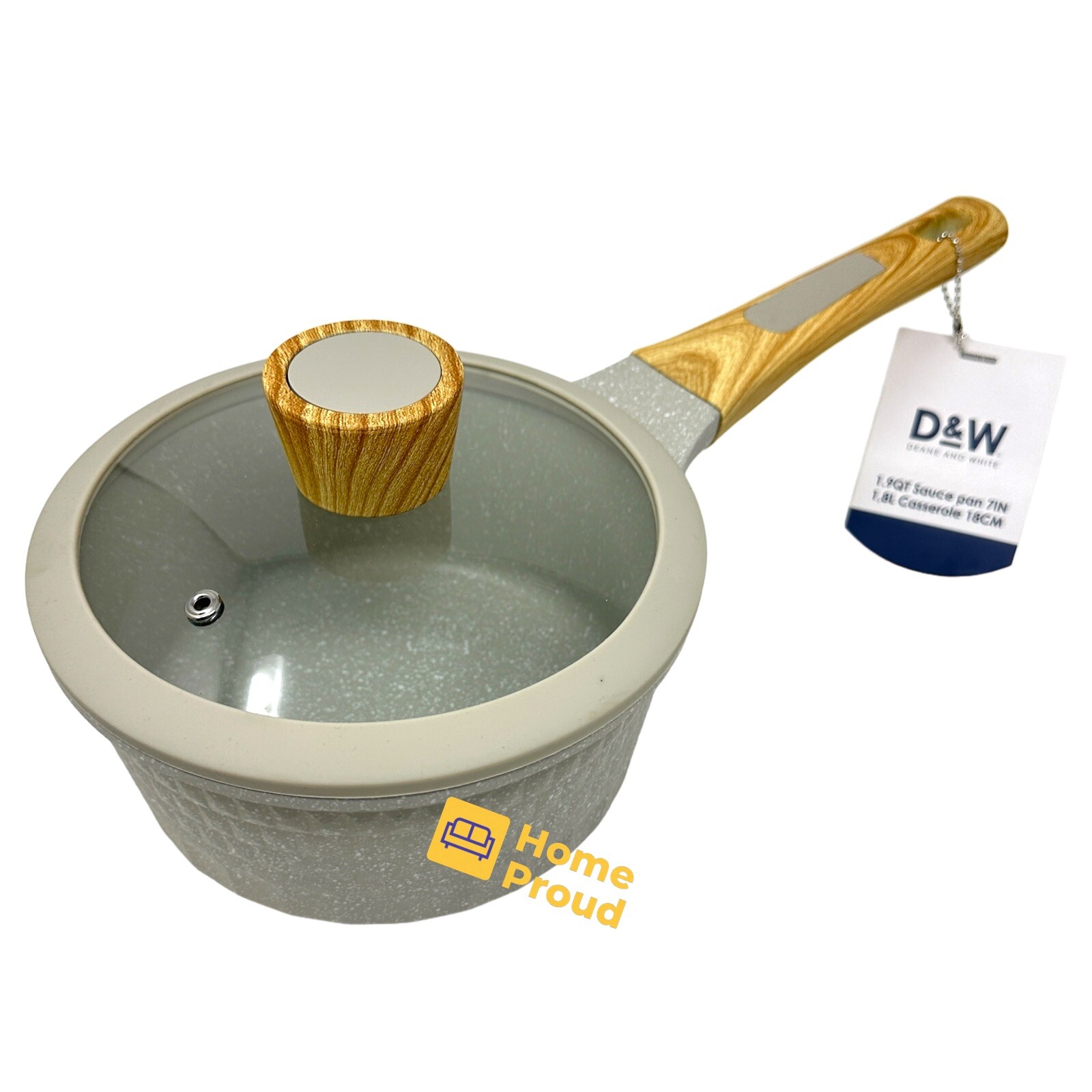 D&W Saucepan Casserole Pot NonStick With Lid 7 inch Small StockPot 1.9 Qt Beige