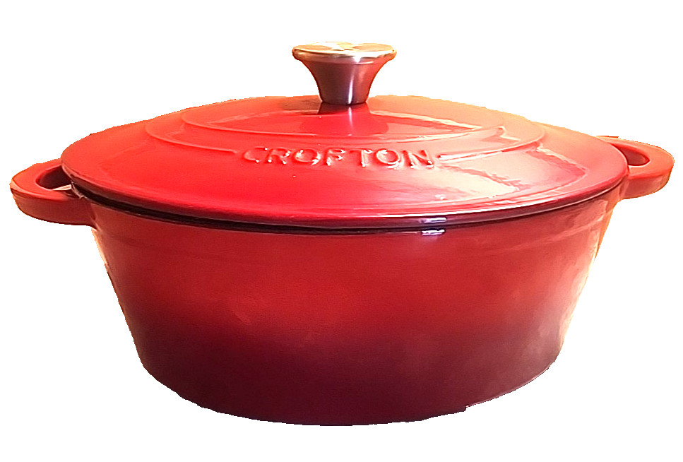 CROFTON Dutch Oven CAST IRON Red ENAMEL 4.6 QT Oval Stock Pot with Lid