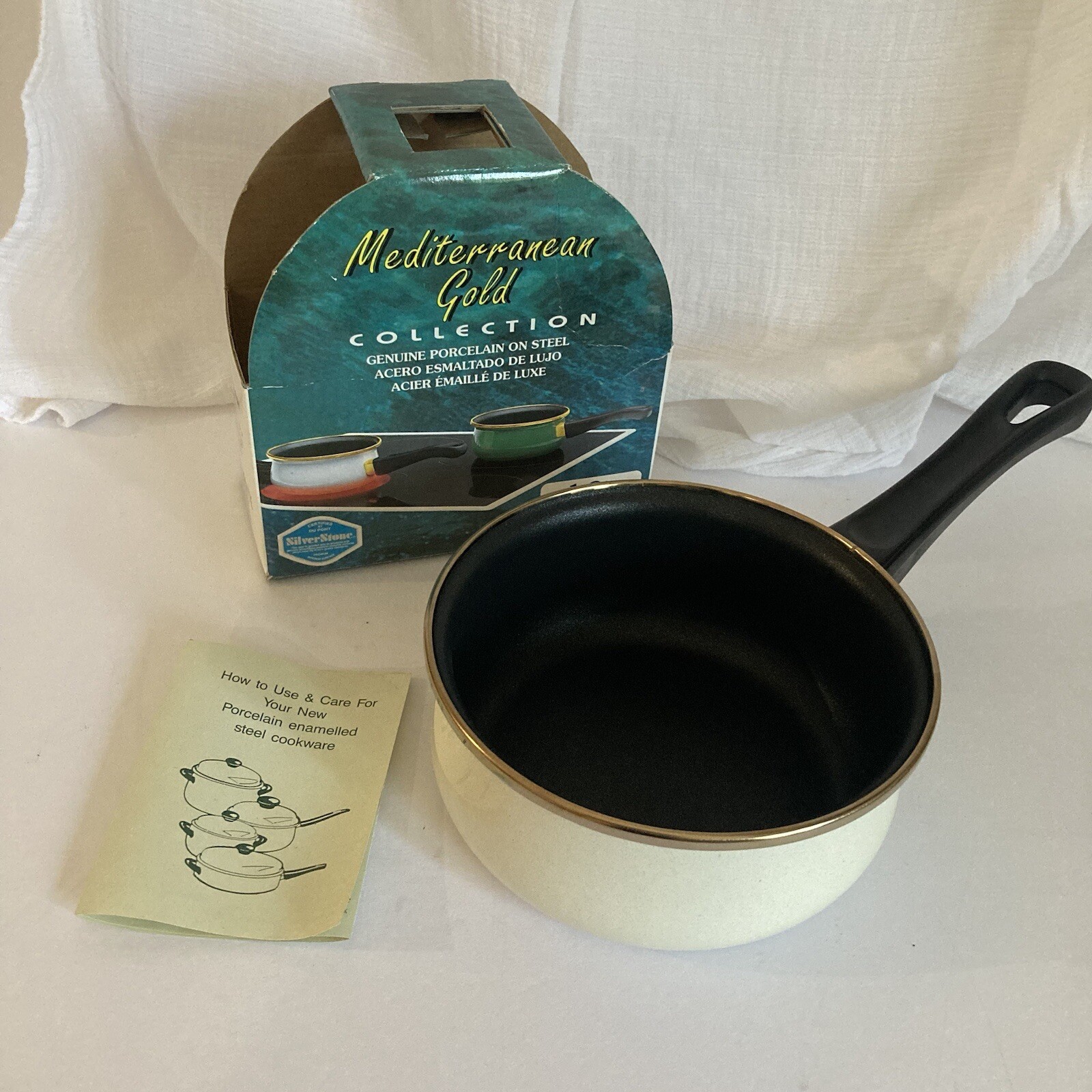 Mediterranean Gold 1 Qt Saucepan | Granite White Gold Rim | Silverstone Pot NEW
