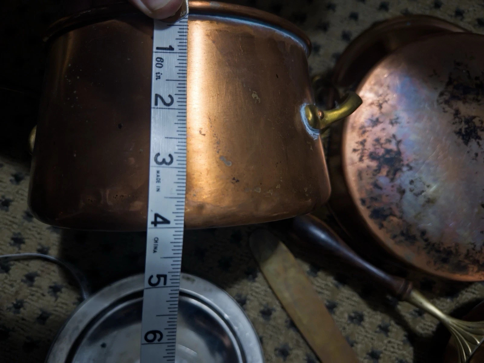 5 Pc Vintage Italian Copper Cookware Set Tin Lined Brass Handles-BEAUTIFUL