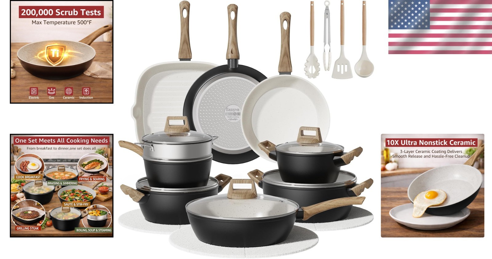 Bazova 24-Pcs Non-Toxic Cooking Set: Durable Ceramic & Titanium-Enhanced Design