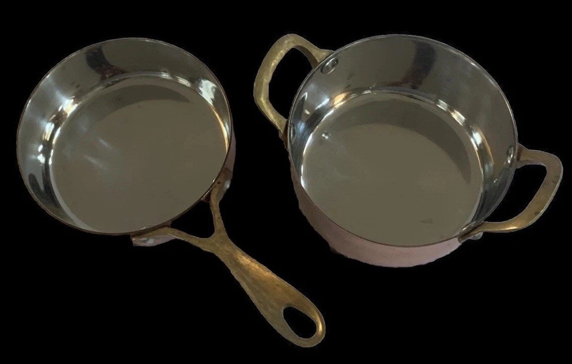 2 Mini Stainless Steel Copper Plated Dutch Oven Fryer Brass Handle 4.75″ No Lid