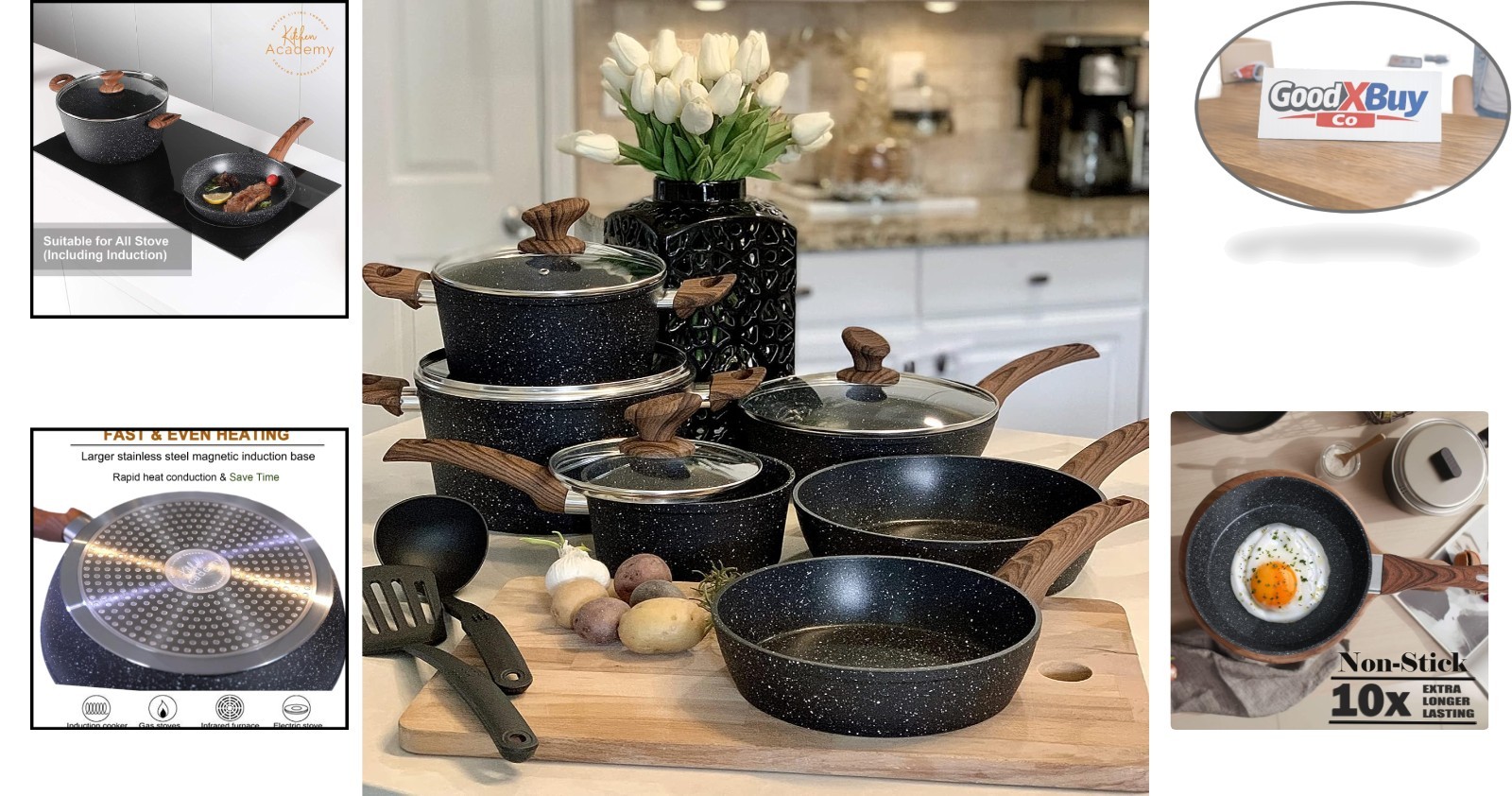 12-Piece Nonstick Granite Cookware Set Induction Compatible Black with Lids &…