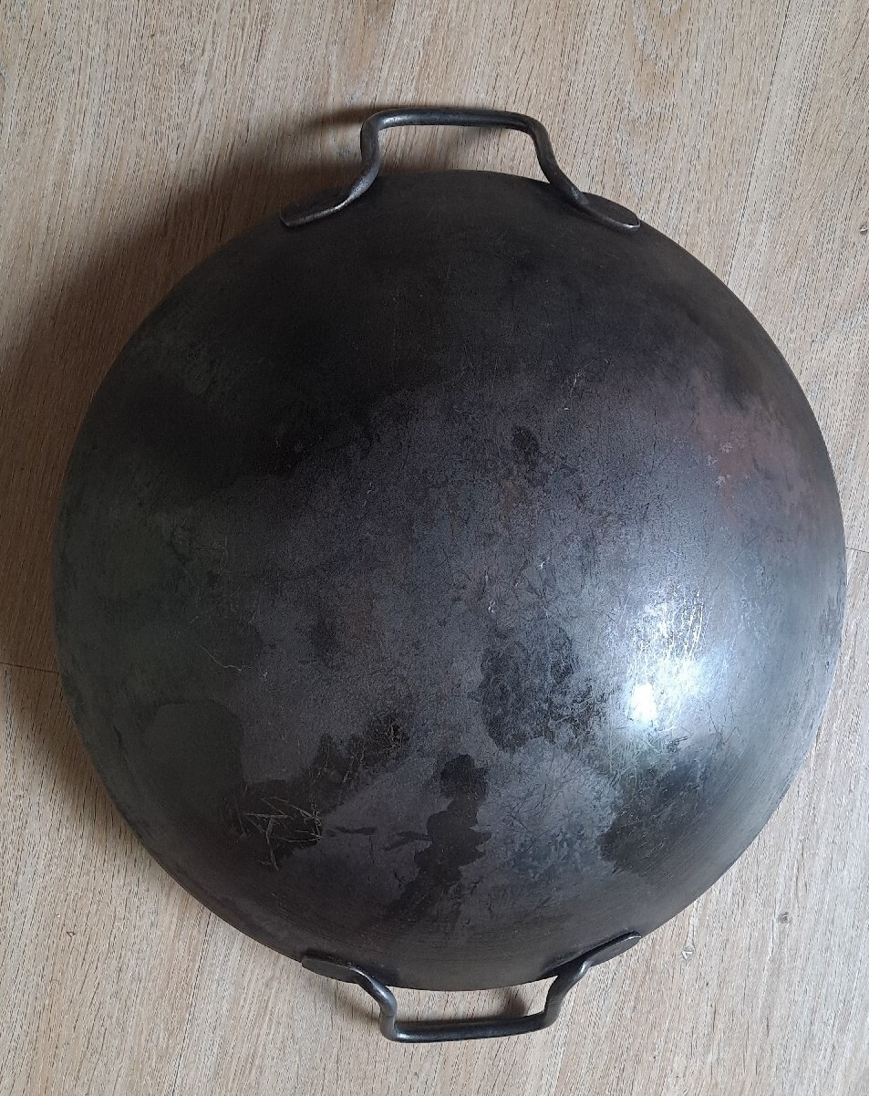 Vintage Commercial Carbon Steel Wok Chinese 17.5″ Welded Handle Industrial Lid