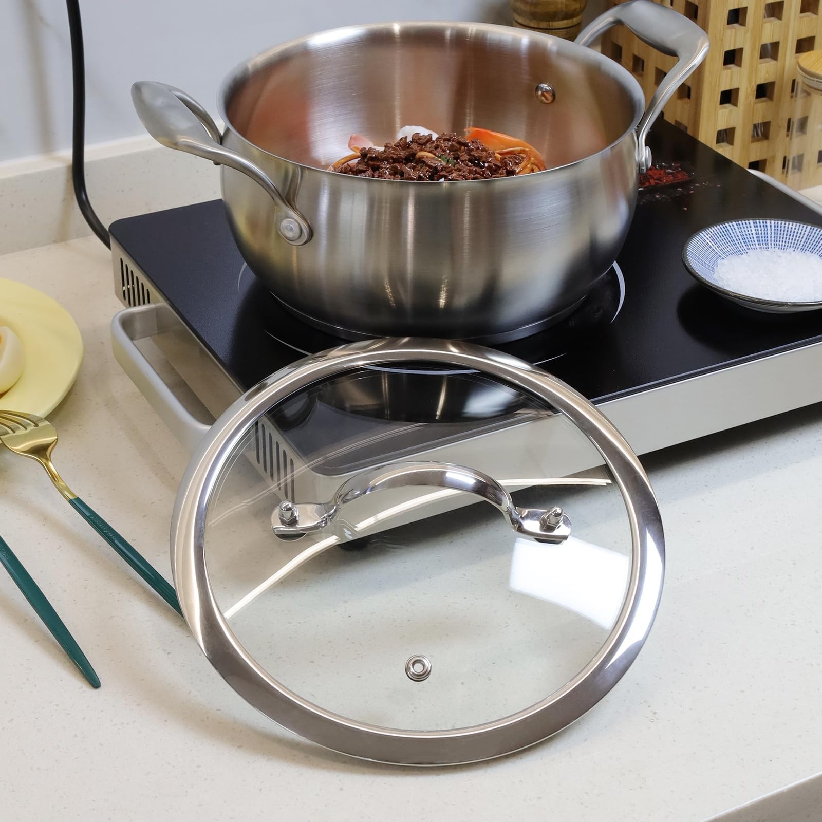 8″ Clear Glass Frying Pan Lid Replacement Cover, 428°F Heat Resistant, Stainless