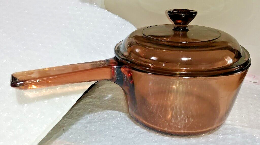 CORNING VISION Amber Glass 1 L Saucepan w Pour Spout & PYREX Lid, Made in FRANCE