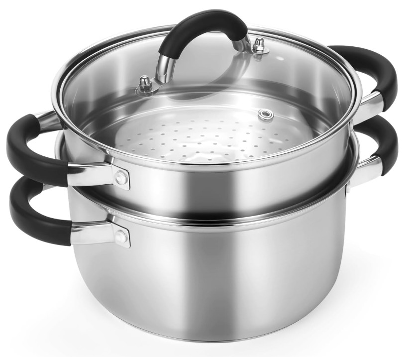 Olla Vaporera 3,2 QT Acero Inoxidable Fondo Triple para Cocinar al Vapor y Hervi