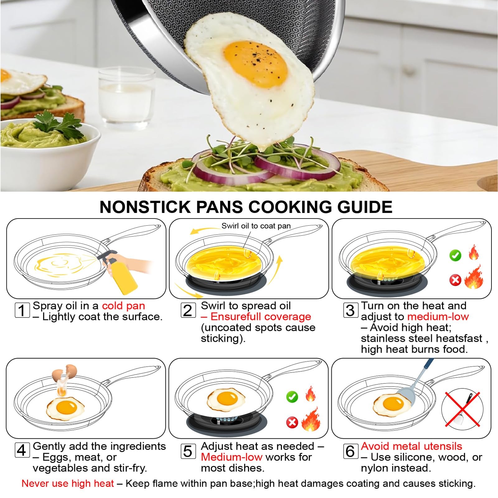 Frying Pans, 10-inch with Lid, Hybrid Frying Pans Stainless Steel Skillets, D…