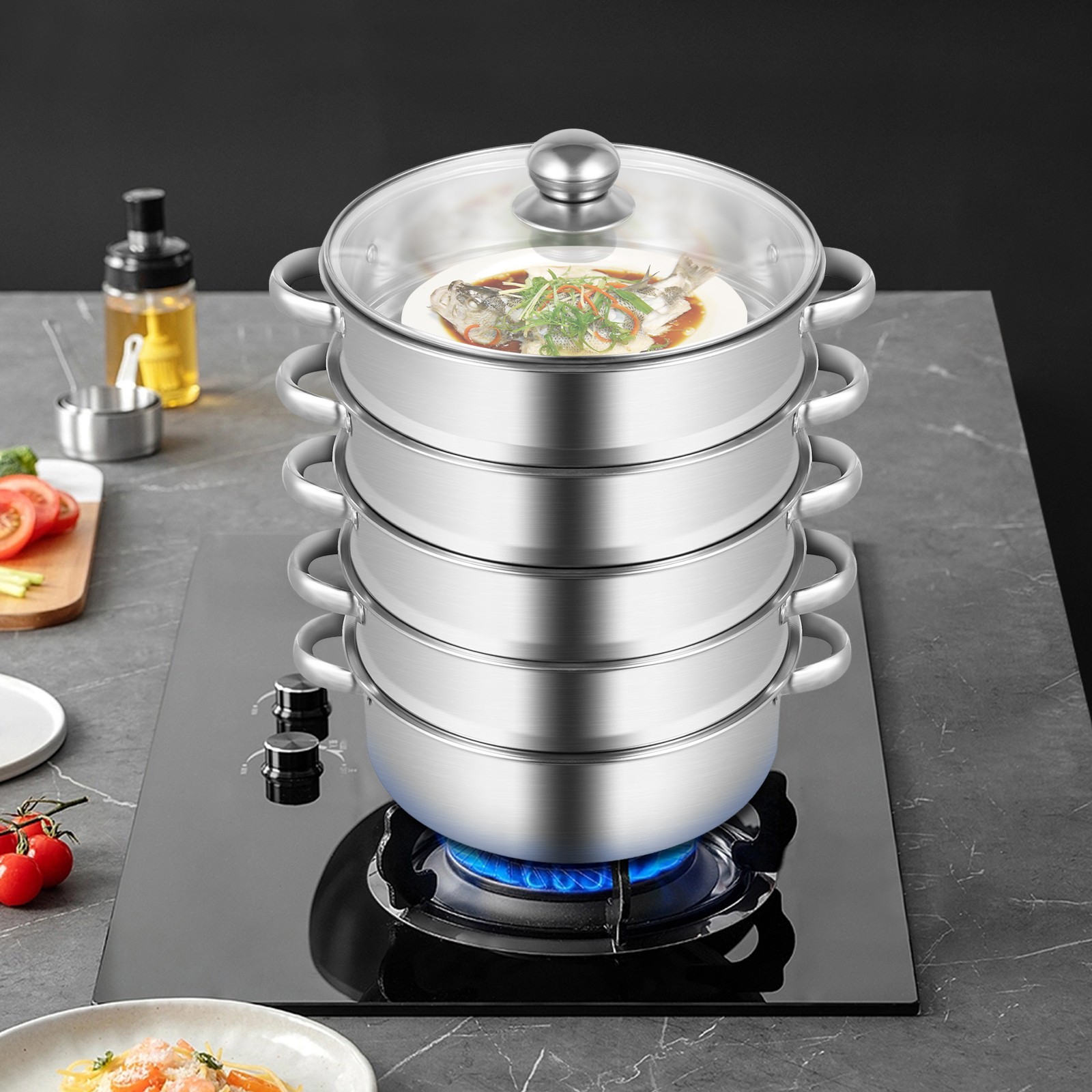 5 Tier Stainless Steel Steamer Cooker Steam Pot Kitchen Food Cooking + Glass lid