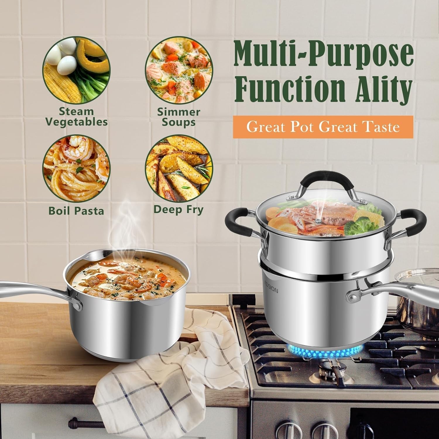 2.5 Quart Stainless Steel Saucepan with Steamer Basket,Small Pots for Cooking