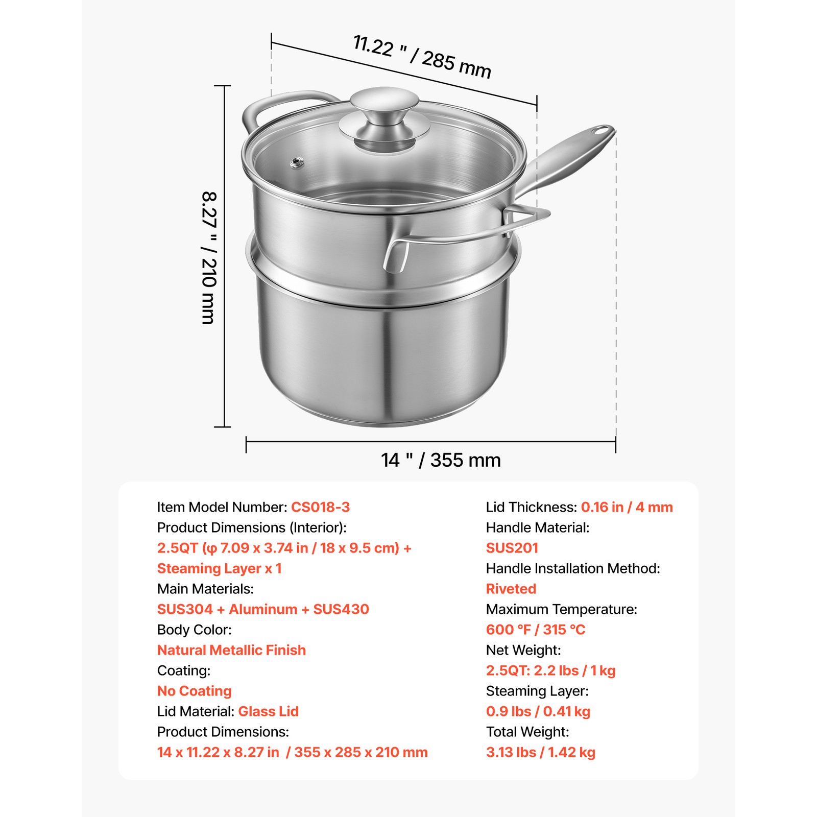 Uimoso 2.5 QT Stainless Steel Saucepan with Steamer and Glass Lid