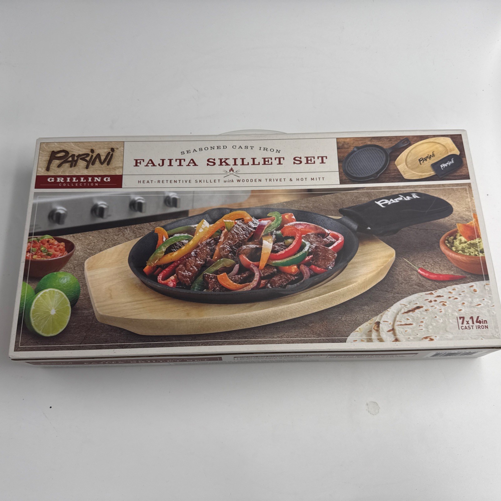 NEW Parini Fajita Skillet Set – Durable Cast Iron with Wood Trivet & Mitt!