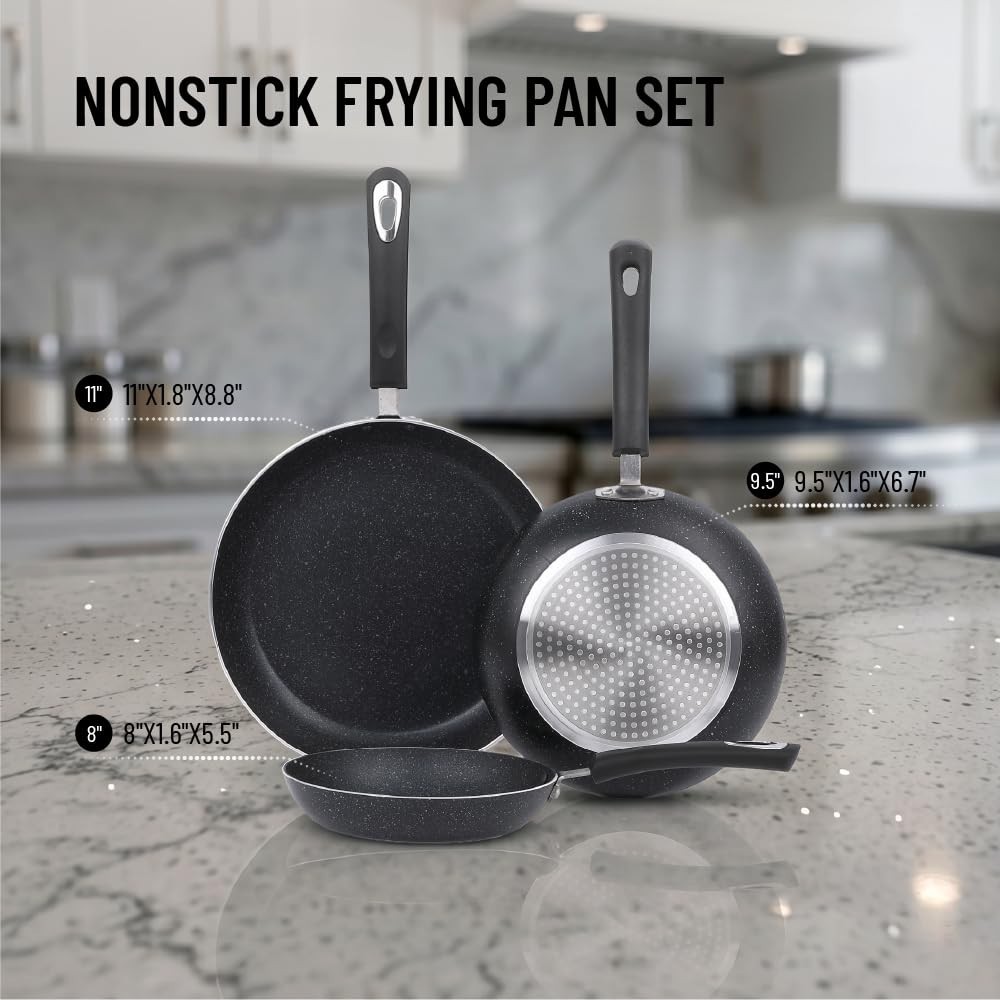 3-Piece Nonstick Frying Pan Set – Induction Compatible Skillets, 8″, 9.5″, 11″ O