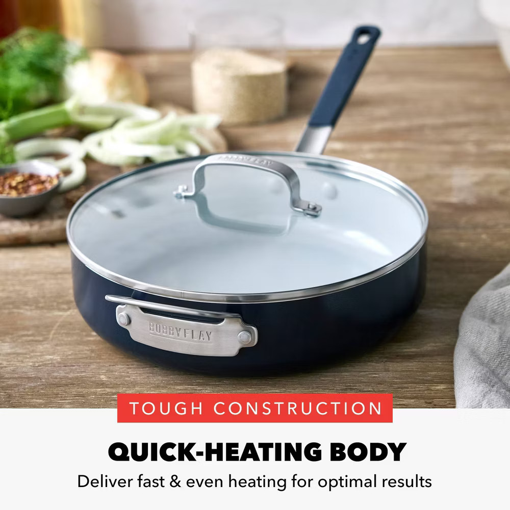 Bobby Flay 4.5qt Ceramic Nonstick Aluminum Saute Pan with Lid Oxford Blue: