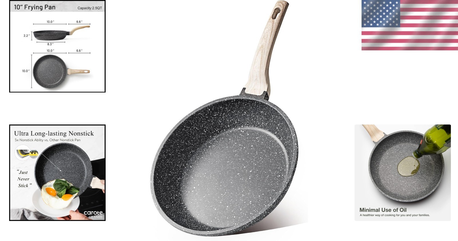10 Inch Non Stick Frying Pan Skillet PFOA Free Easy Clean Black Granite Cookware