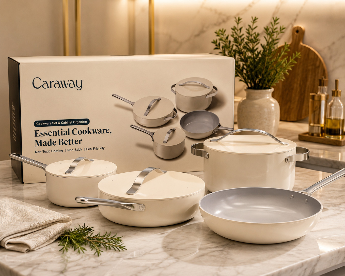 Caraway 12-Piece Ceramic Nonstick Cookware Set Cream Gold Handles Cabinet Organi