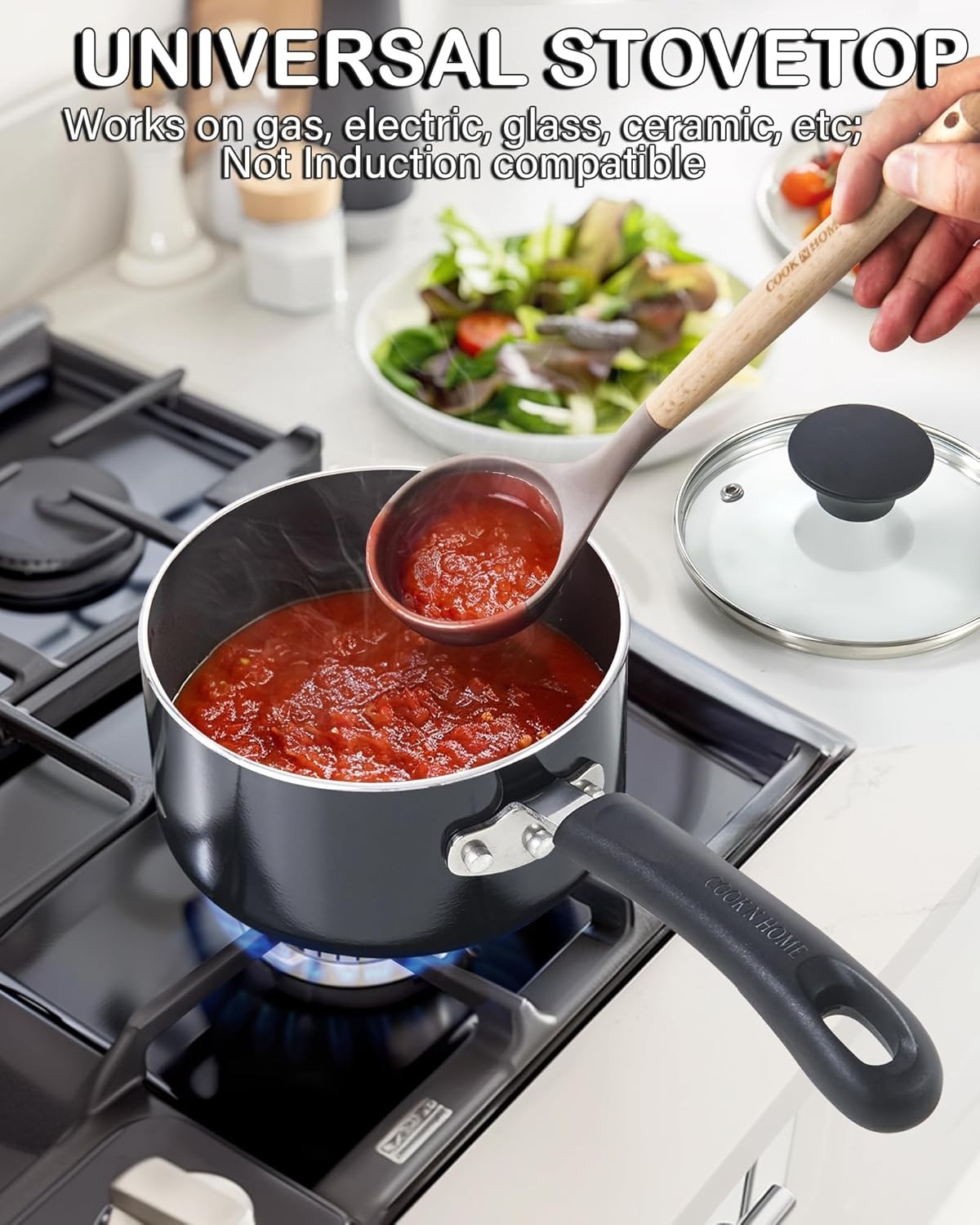 1-Quart Nonstick Saucepan with Glass Lid Aluminum Small Milk Pot Black