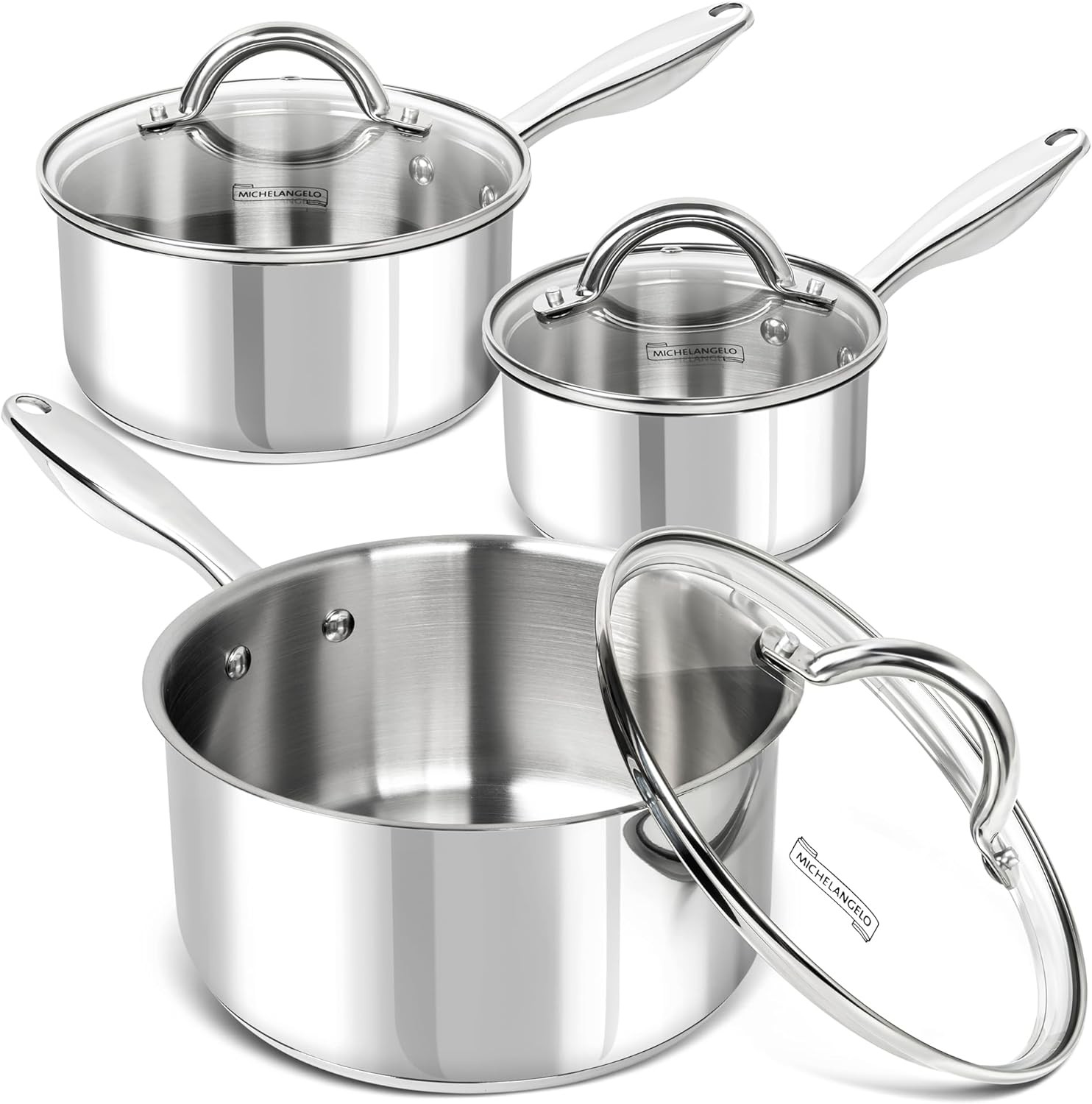 MICHELANGELO Saucepan Set 6pc, 18/10 Stainless Steel Sauce Pan with Lid, Tri-Ply