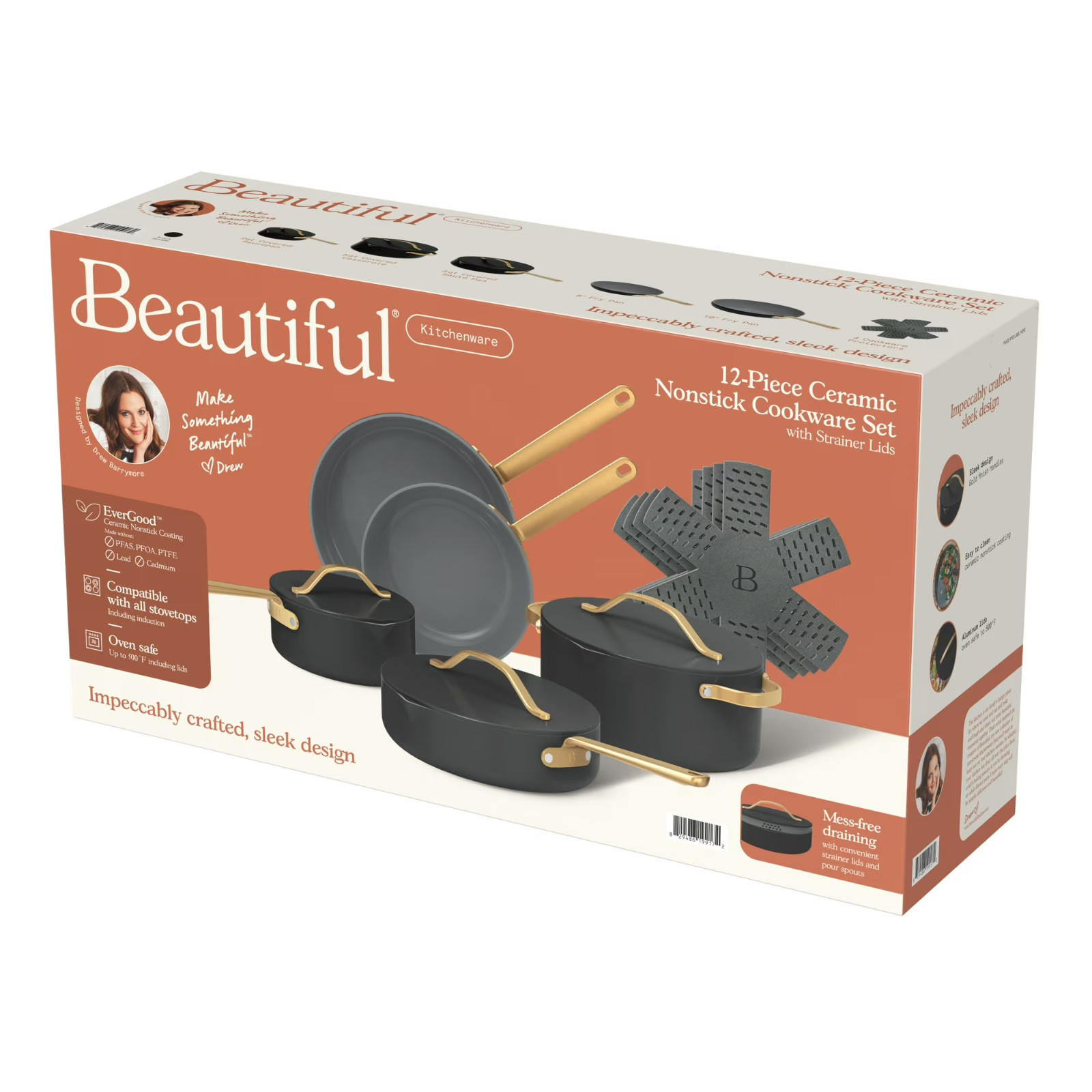 Beautiful 12-Piece Ceramic Nonstick Cookware Set, Pots & Pans by Drew Barrymore