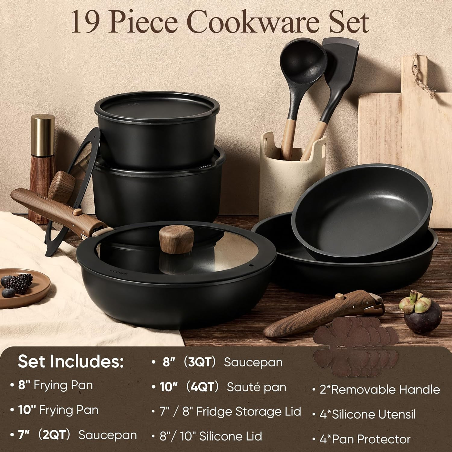 19Pcs Pots and Pans Non Stick Cookware Sets Detachable Handle Induction Kitchen