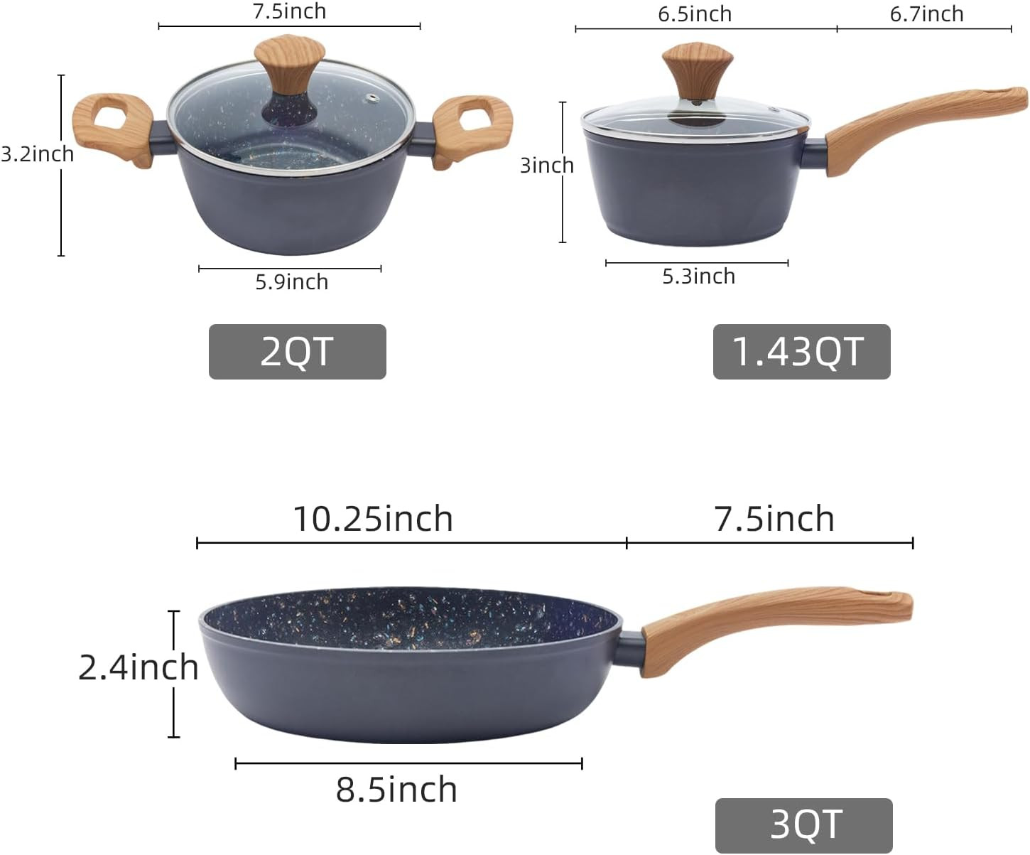 Nonstick 3-Piece Cookware Set | Frying Pan & Pots | Induction & Dishwasher Safe