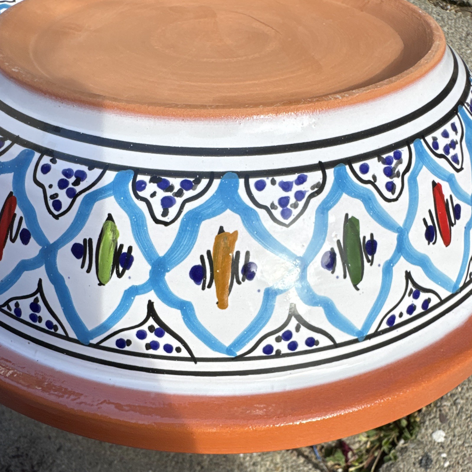 Terracotta Ceramic Tagine w/ Conical Lid Hand-Painted Blue White Multicolor