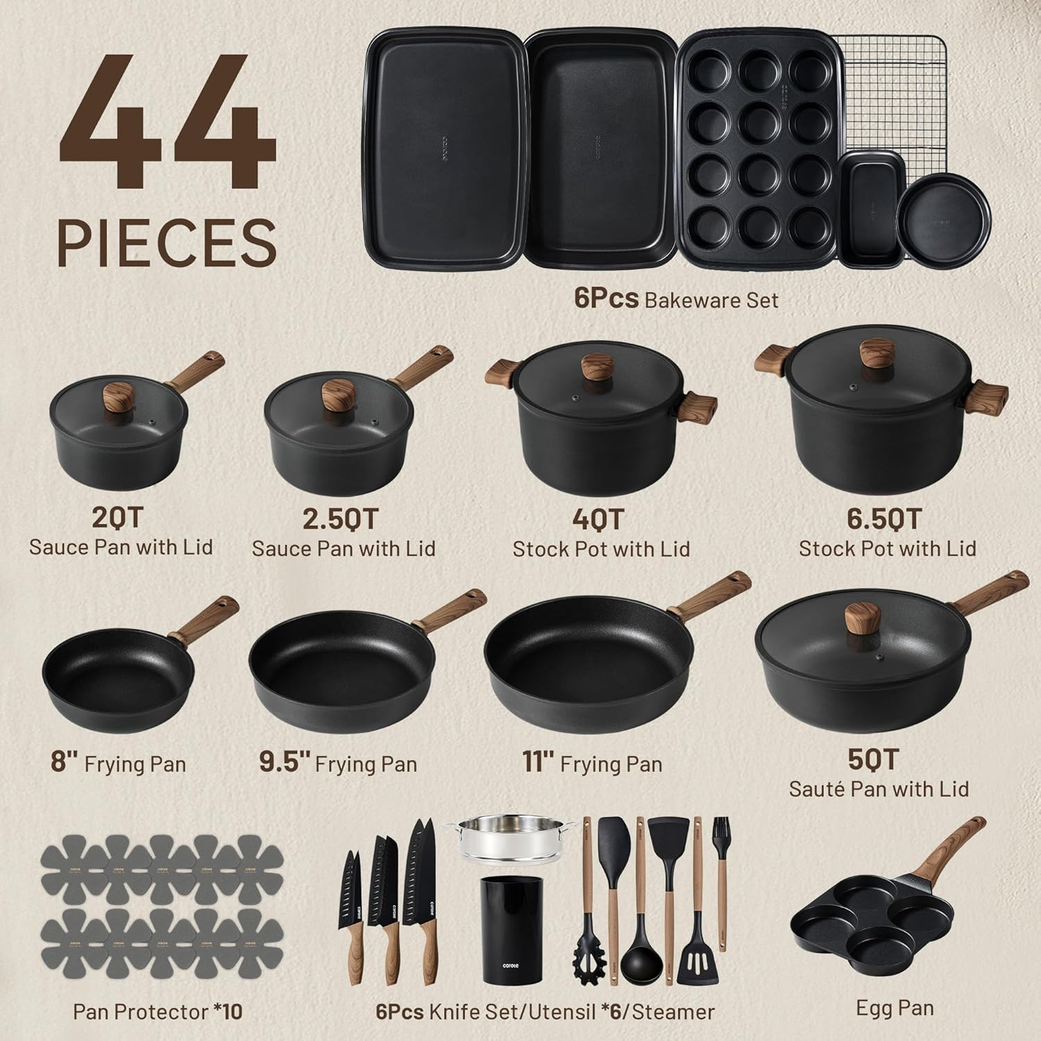 44Pcs Nonstick Titanium Cookware Set – Induction Pots & Pans, Black