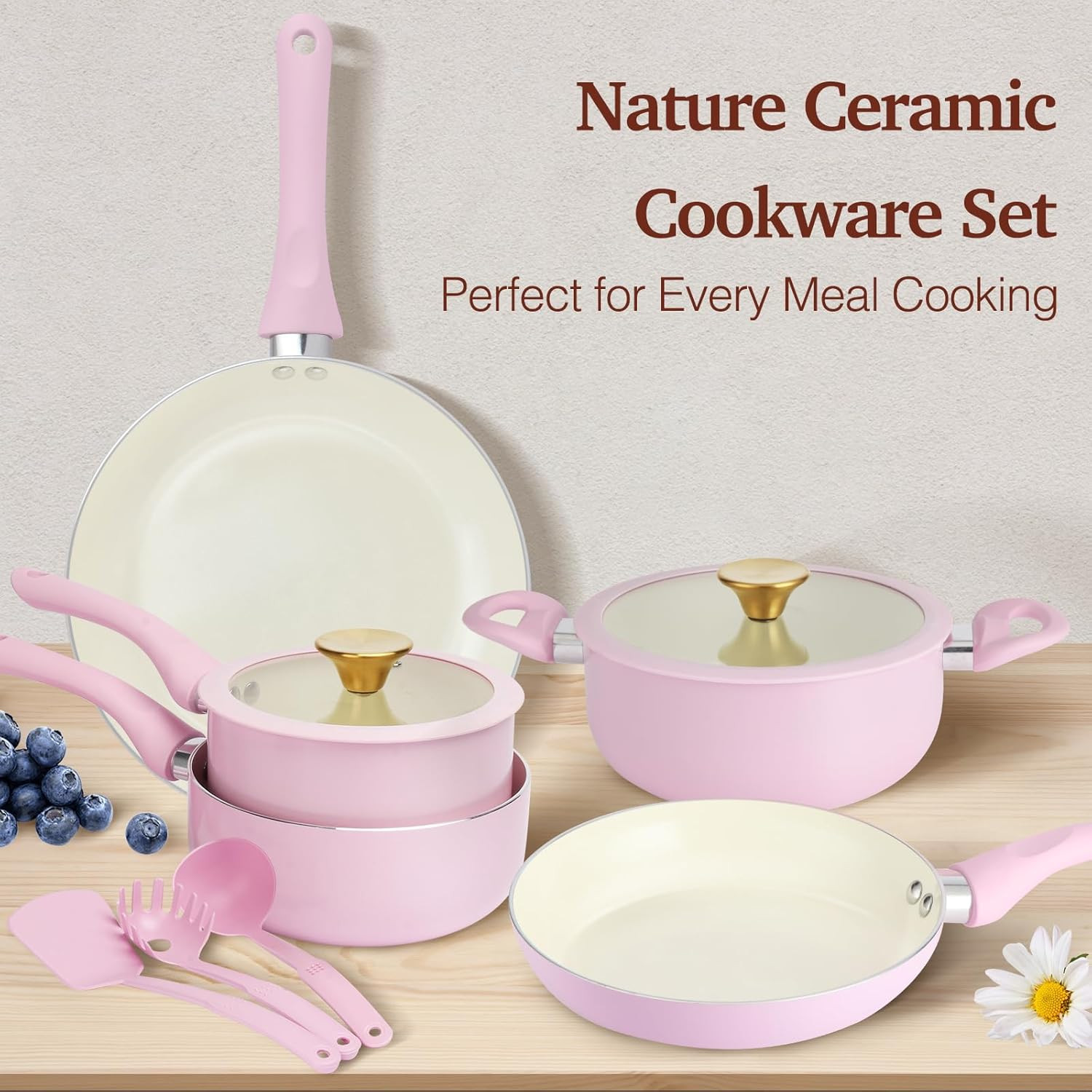 Stylish 11-Piece Pink Non-Stick Cookware Set with Gold Knobs & Stay-Cool Handles