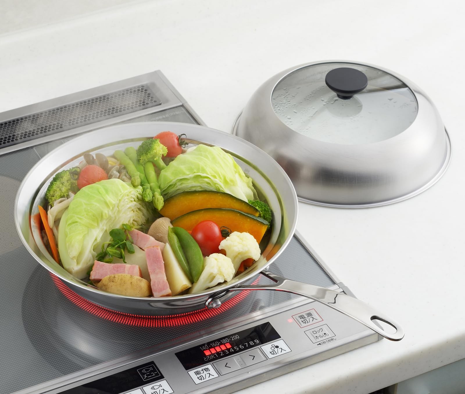 Yoshikawa Frying Pan Steamer, 24-26cm, Glass with Lid, Steaming Plate