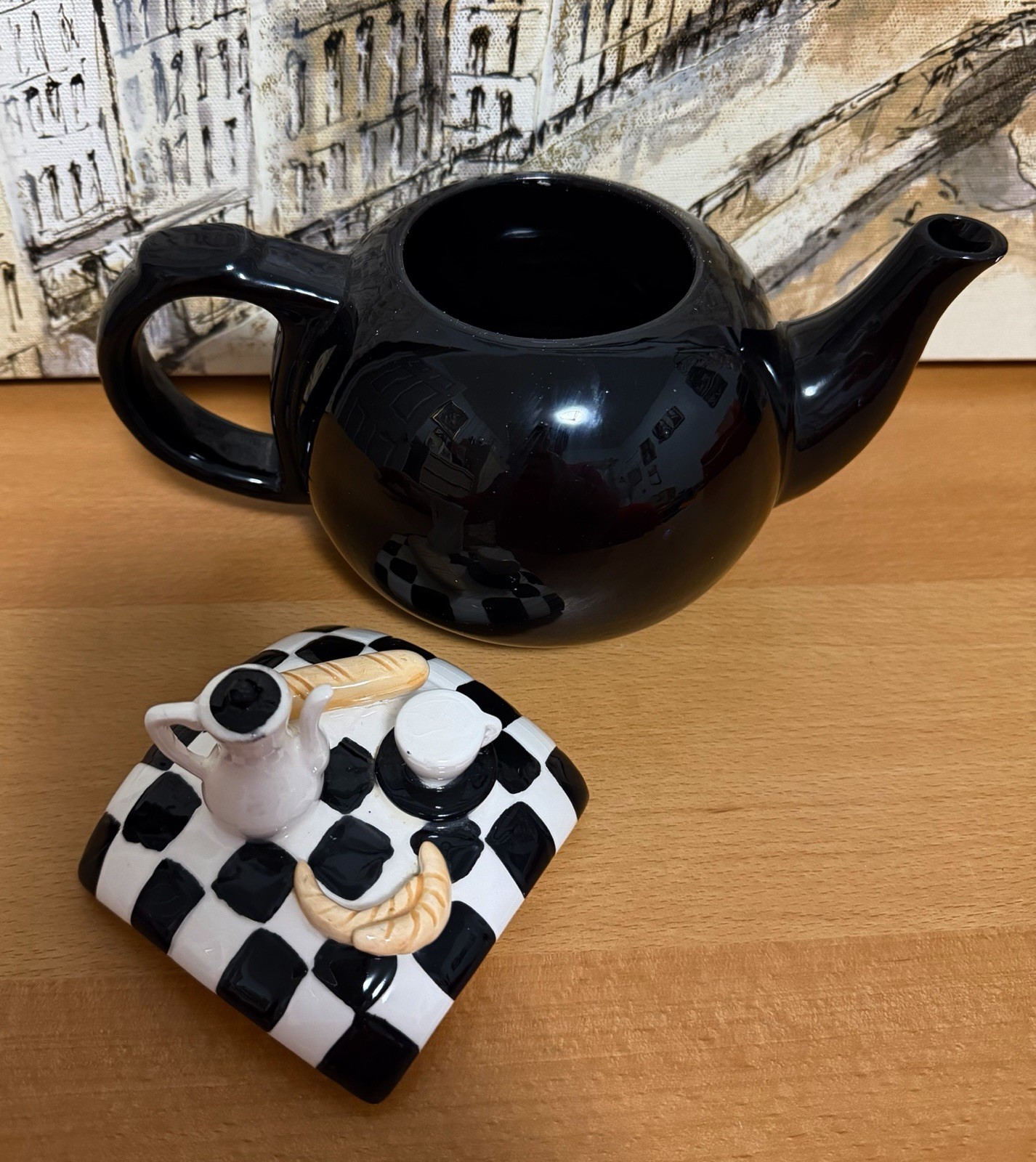 Vintage Black Teapot Checkerboard Estia Gourmet 32 oz. New Without Box.