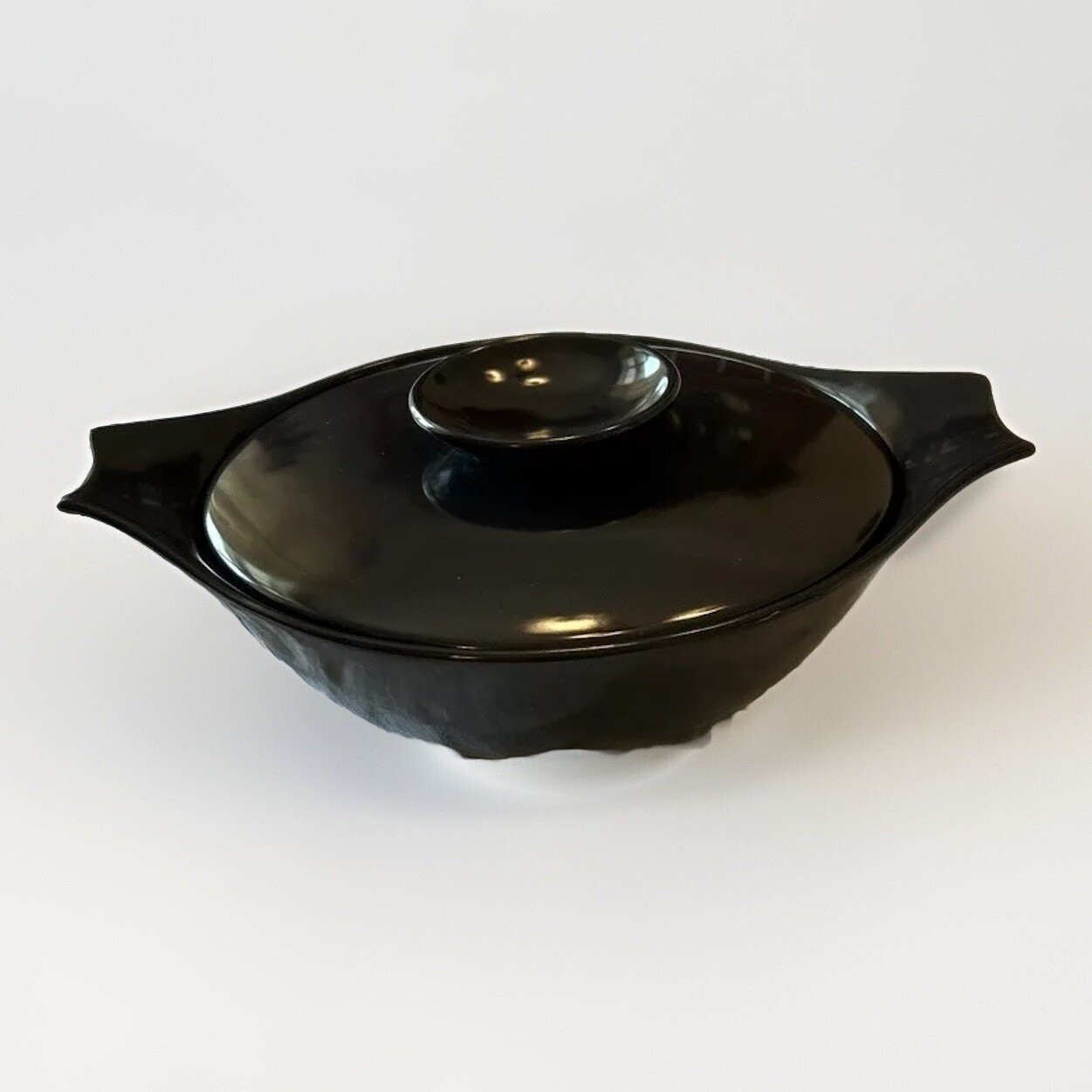 Monterey Pottery Casserole Dish OS Black Lidded Side Handles Retro Kitchen
