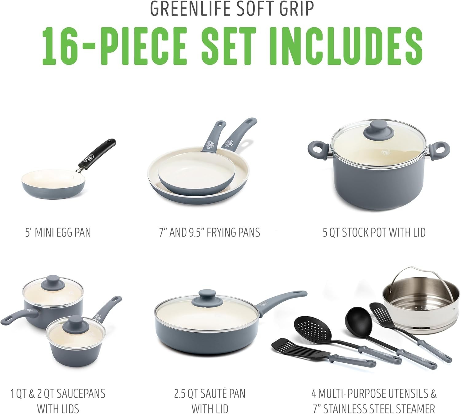 Sleek 16-Piece Ceramic Nonstick Cookware Set with Stay-Cool Handles & Glass Lids