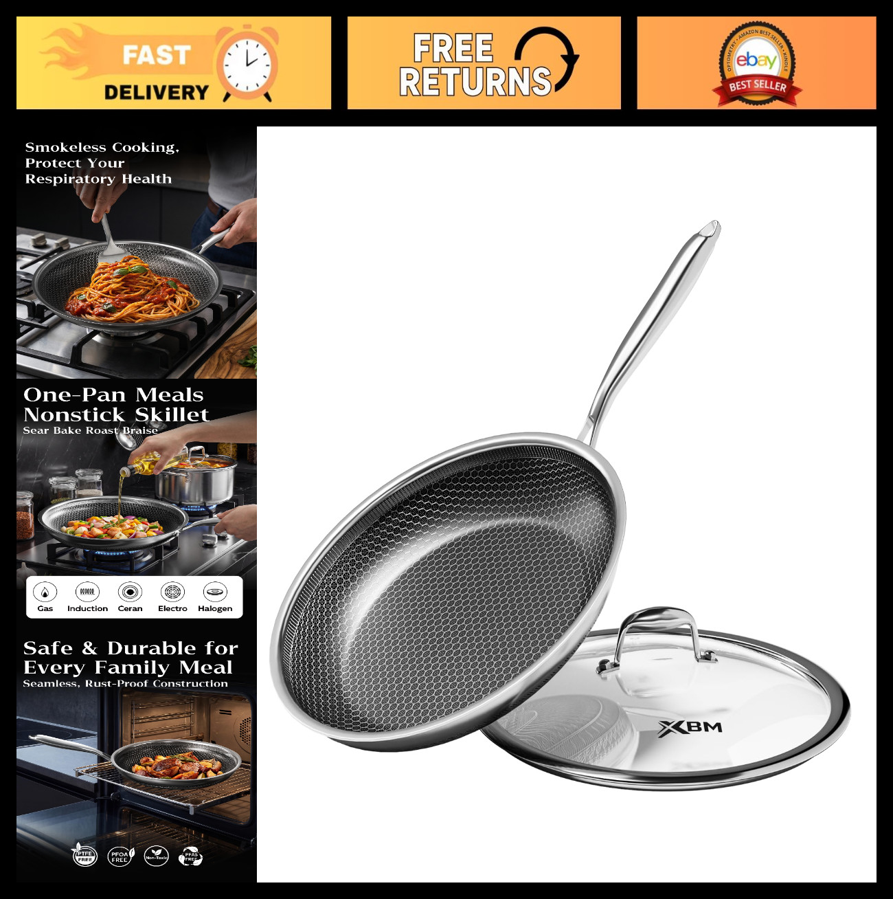 10-Inch Nonstick Frying Pan with Lid, Stainless Steel Skillet, Induction Safe, P