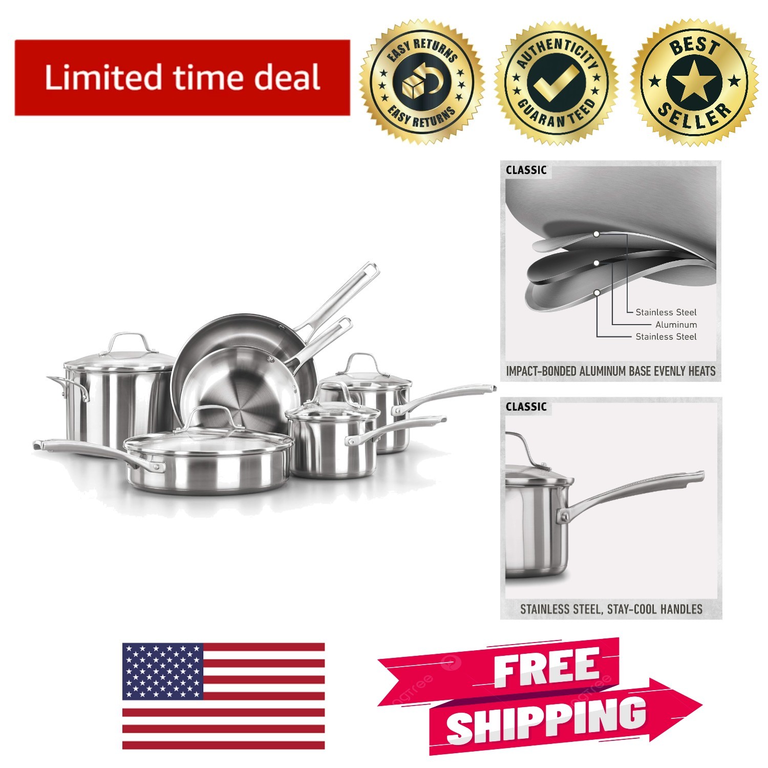 Versatile Stainless Steel Cooking Set – 10-Piece, Induction Compatible