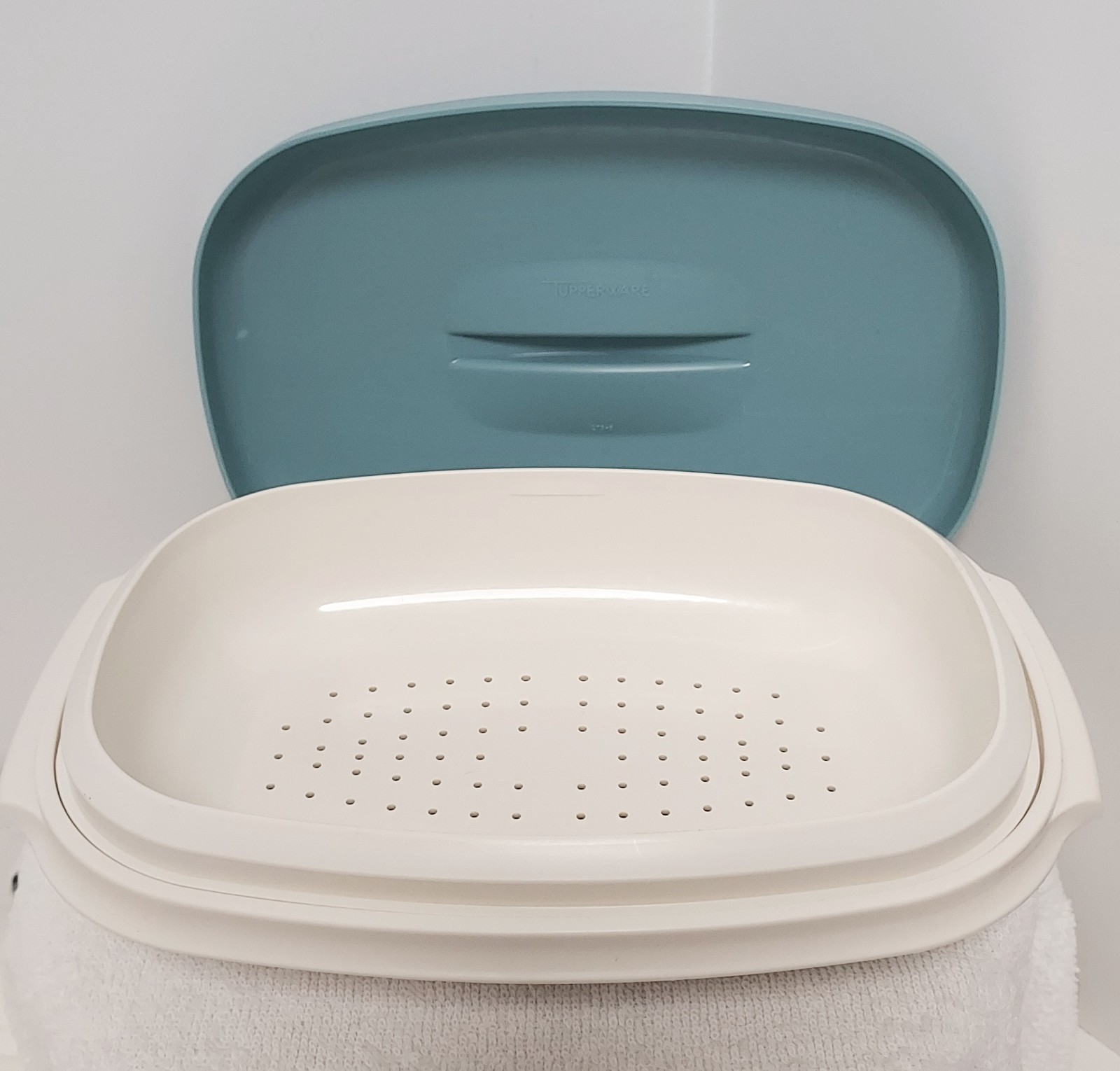 VTG Tupperware Microwave Food Steamer Set Teal 3pc Vegetable Rice Fish Steamer