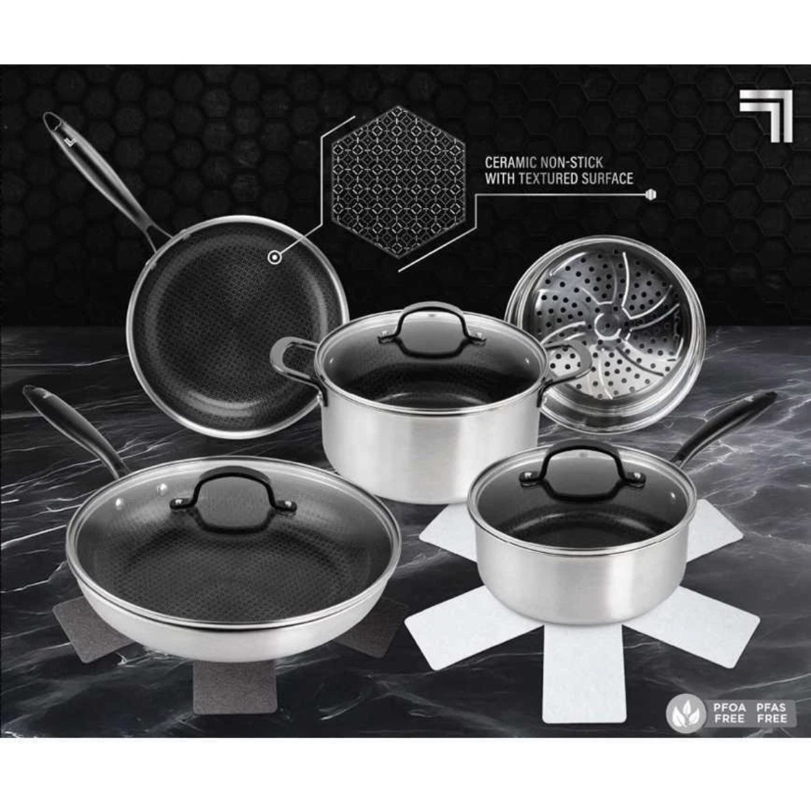 Sharper image Premium Cookware set 10pc ceramic non stick Tri-ply Stainless New